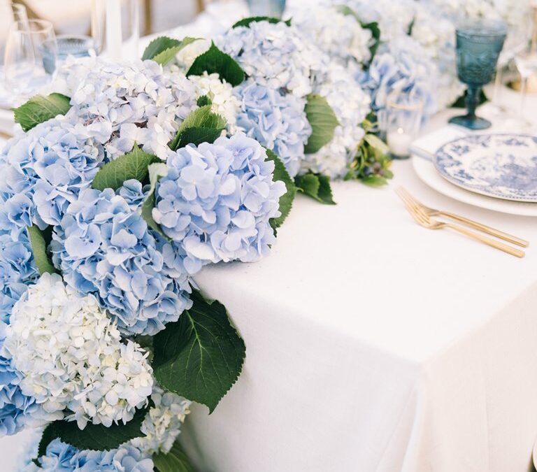 NEW ENGLAND CLASSIC WITH WHITE AND BLUE HYDRANGEA AT FRENCH’S POINT MAINE