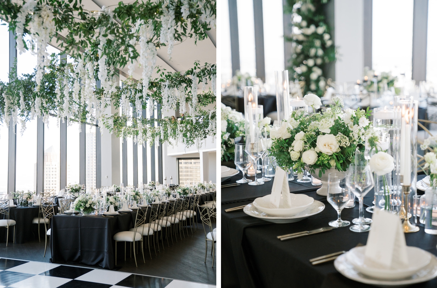 Long tables covered in black linens with white floral centerpieces 