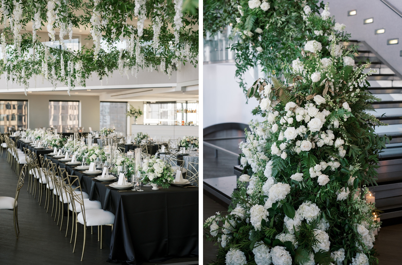 A long staircase covered in greenery and white flowers