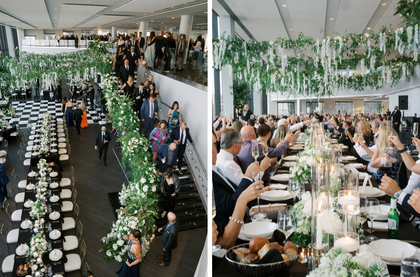 Guests raising their glasses during a toast at a wedding reception at The State Room in Boston