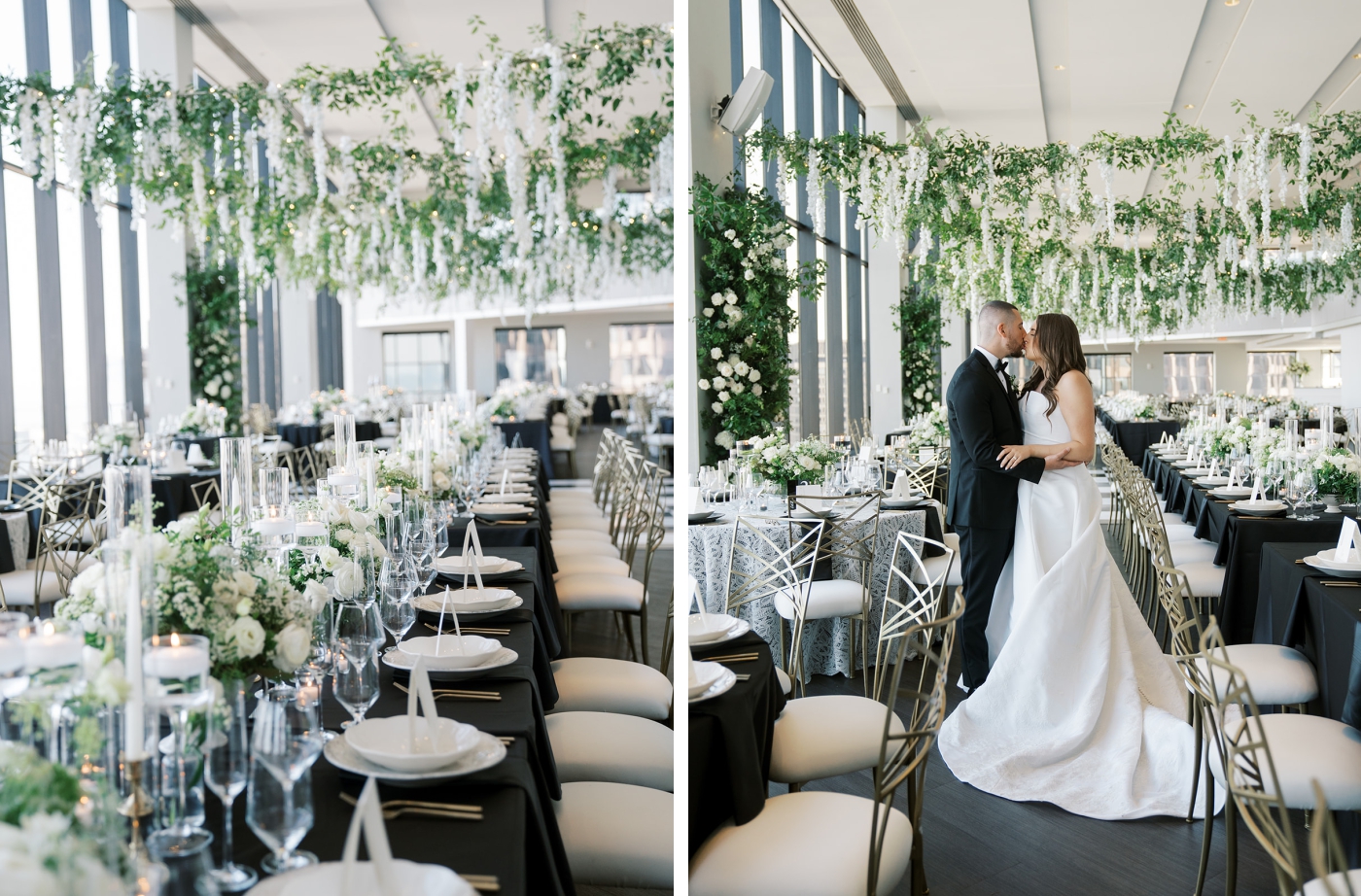 A bride and groom kiss beneath a floral arrangement at The State Room in Boston