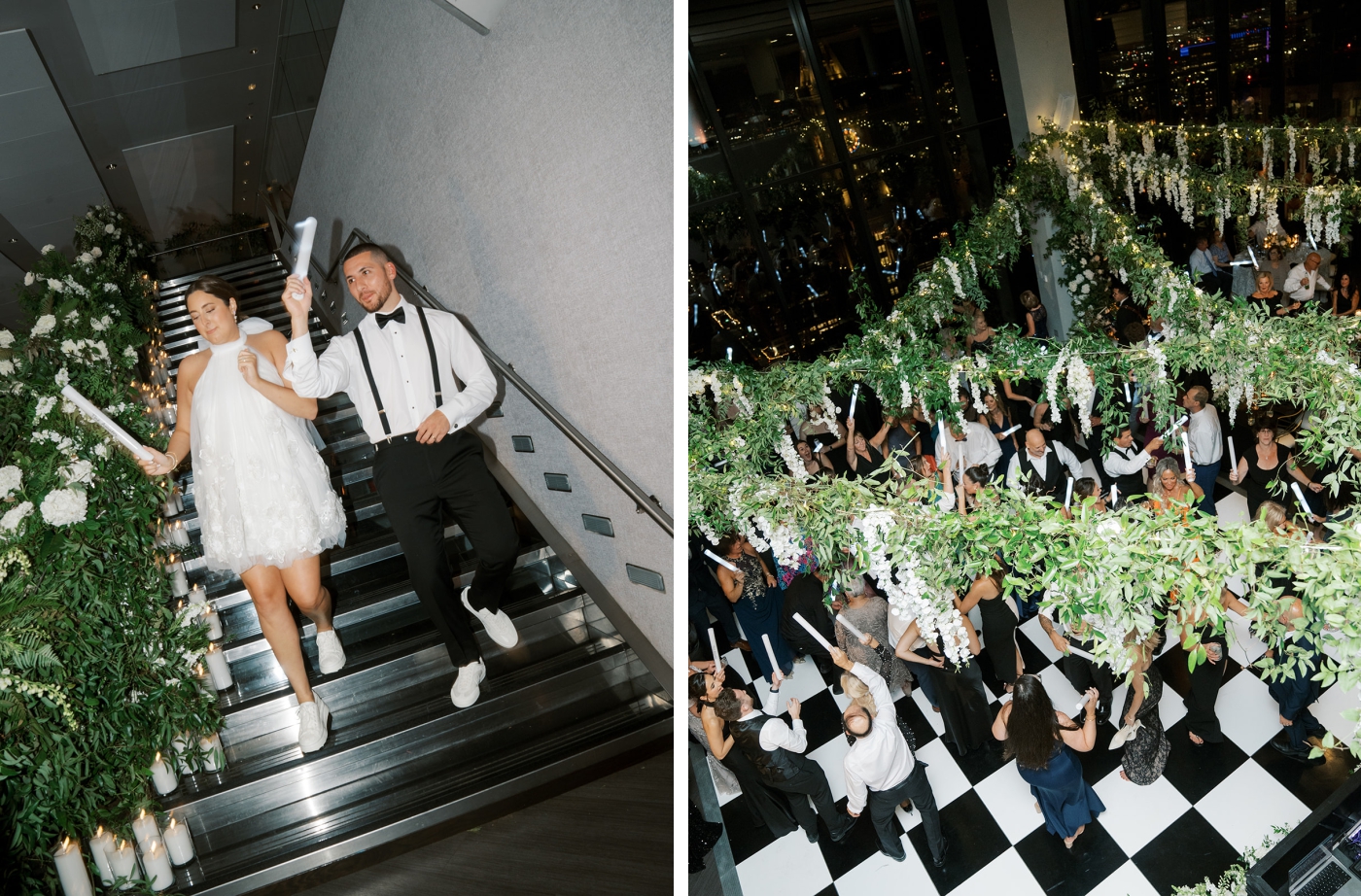 A bride and groom on a black and white dance floor under a wisteria canopy