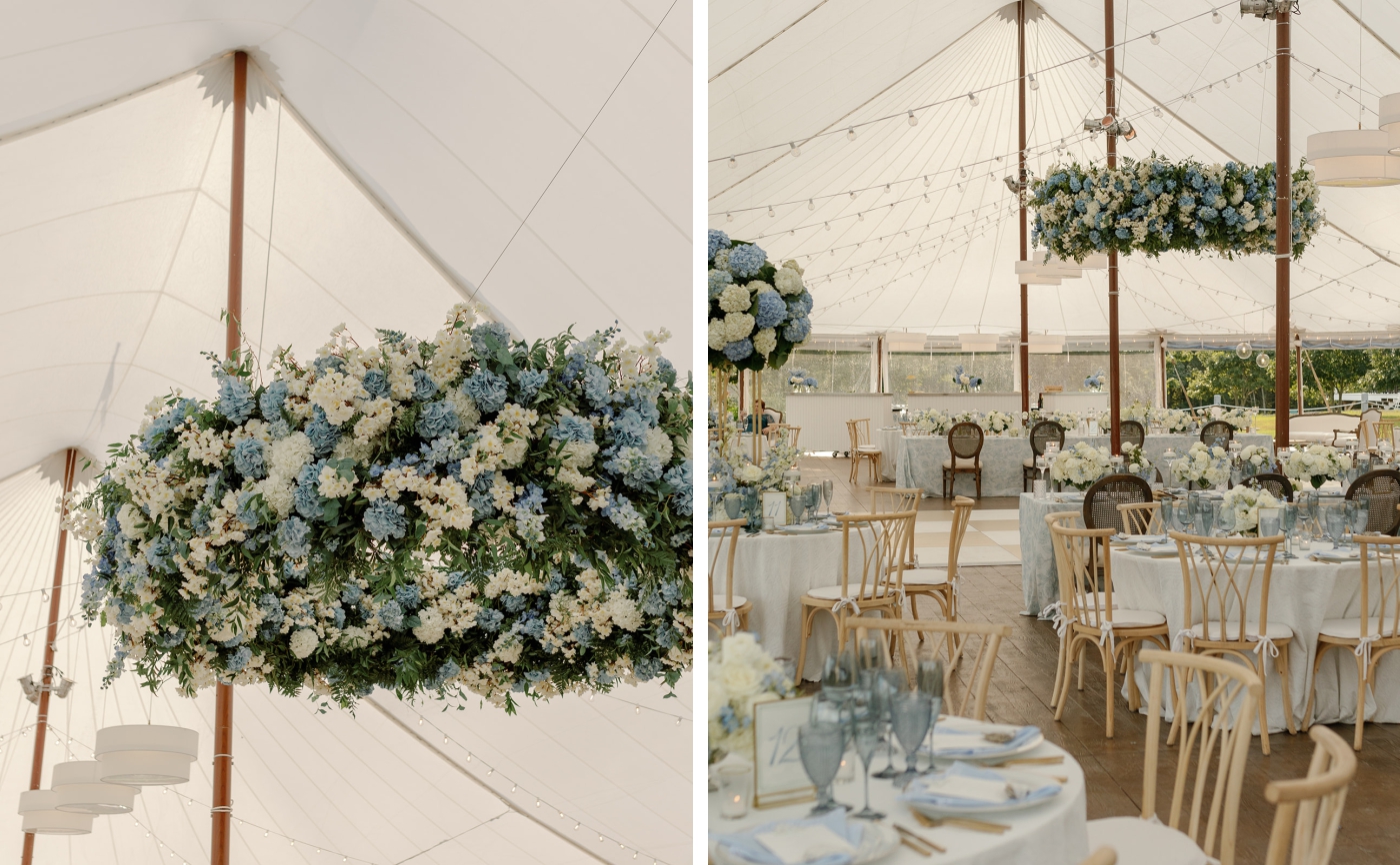 Blue hydrangeas in a hanging floral installation at a tented wedding reception