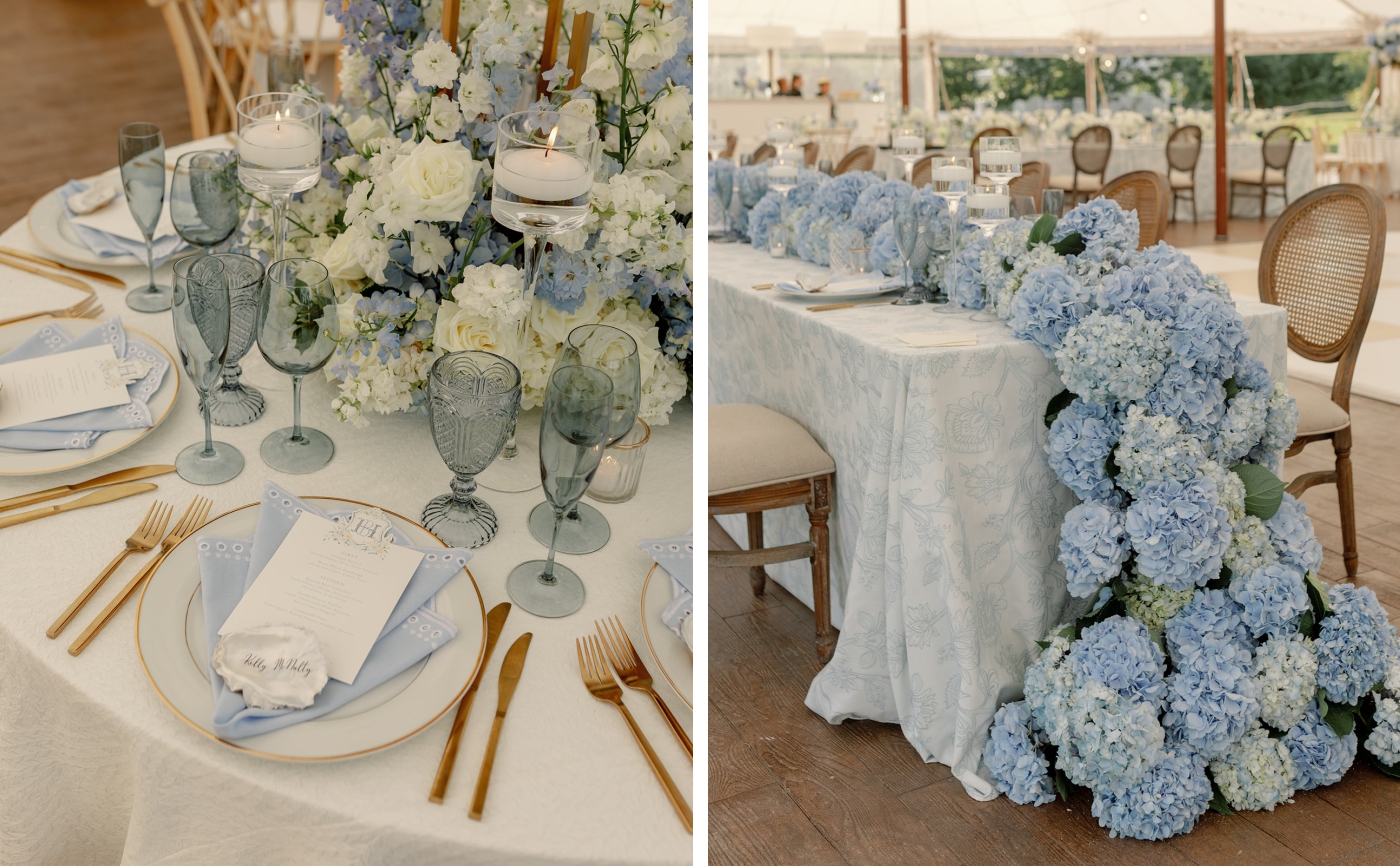A table runner made of blue and white fresh hydrangeas 