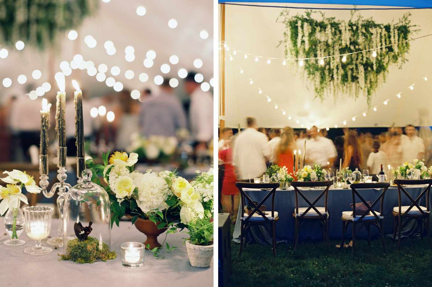 A draping floral installation of white flowers and greenery at a tented wedding reception 