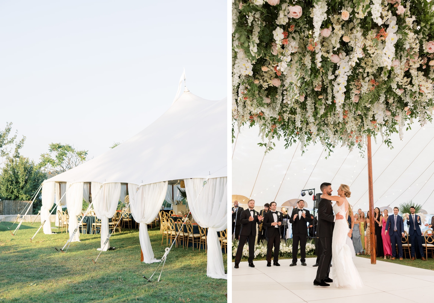 An open sided white tent with a large floral installation hanging about the dance floor