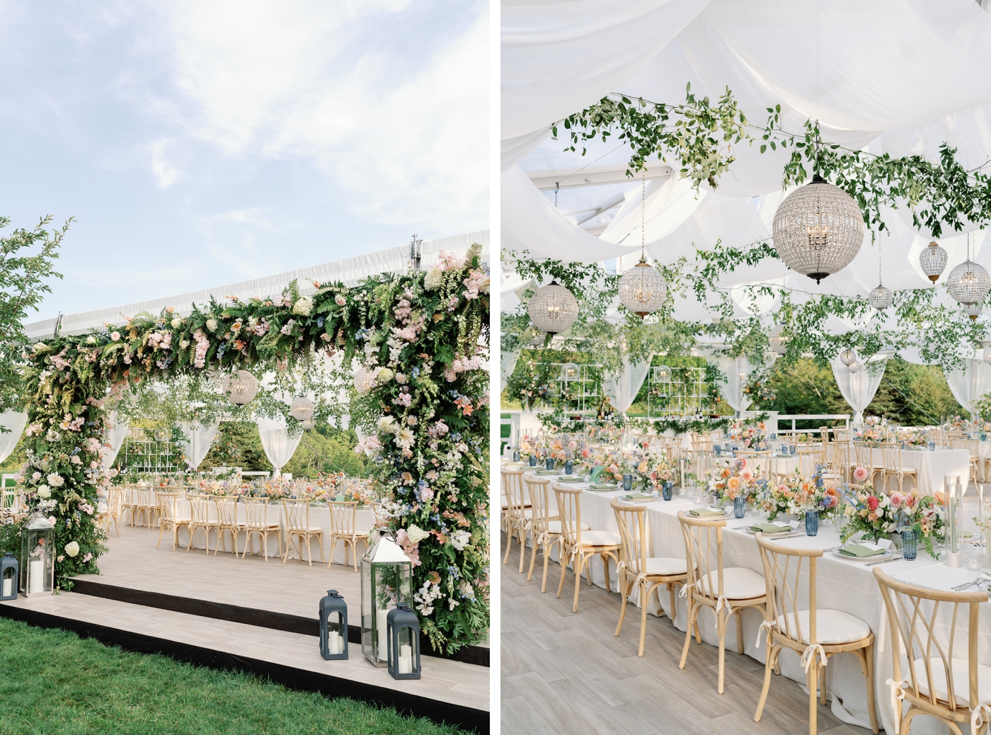 The entrance to a tented wedding reception covered in thick greenery with pink and white flowers