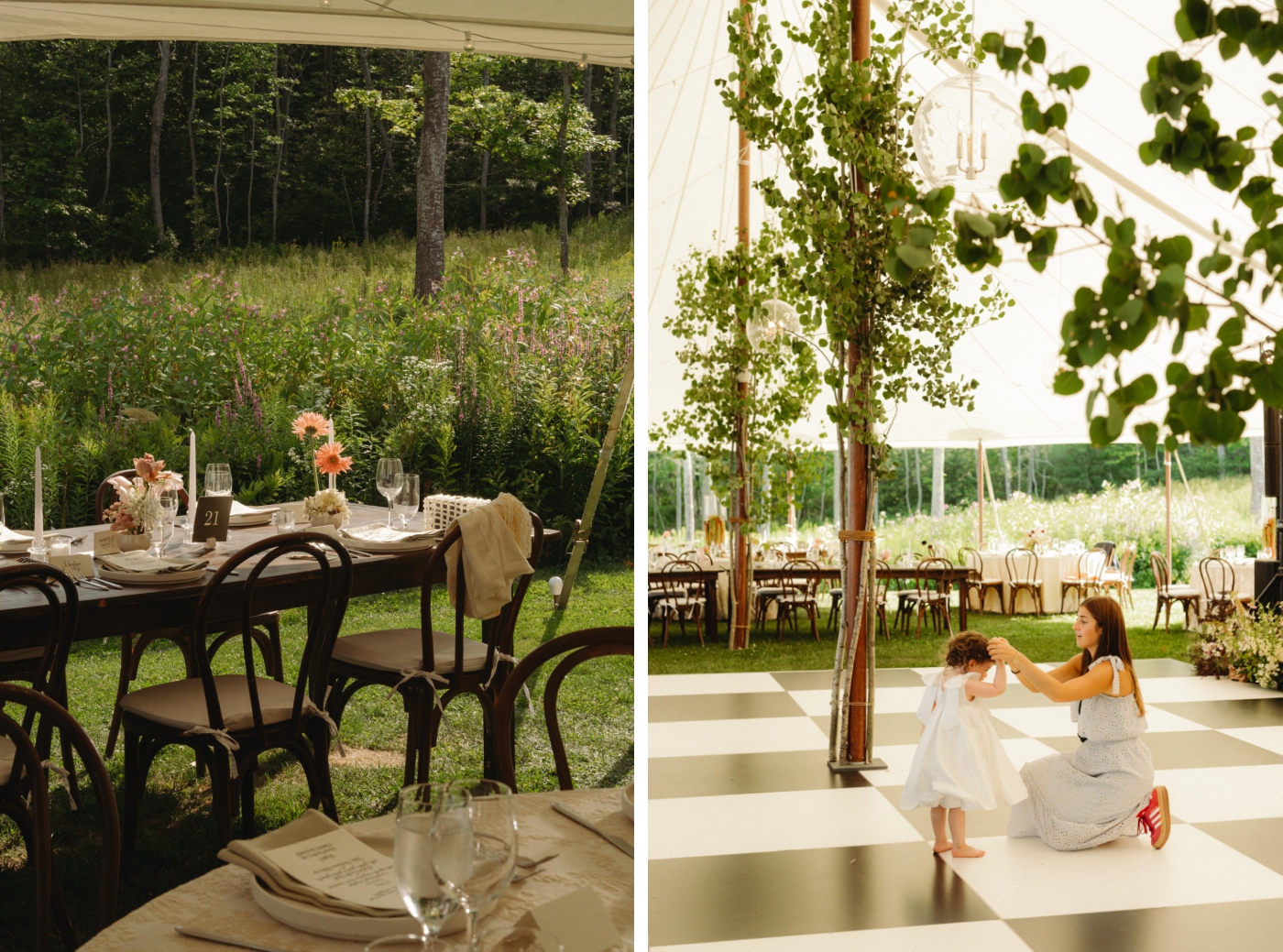 A whimsical sailcloth tent covering a nature-inspired wedding reception