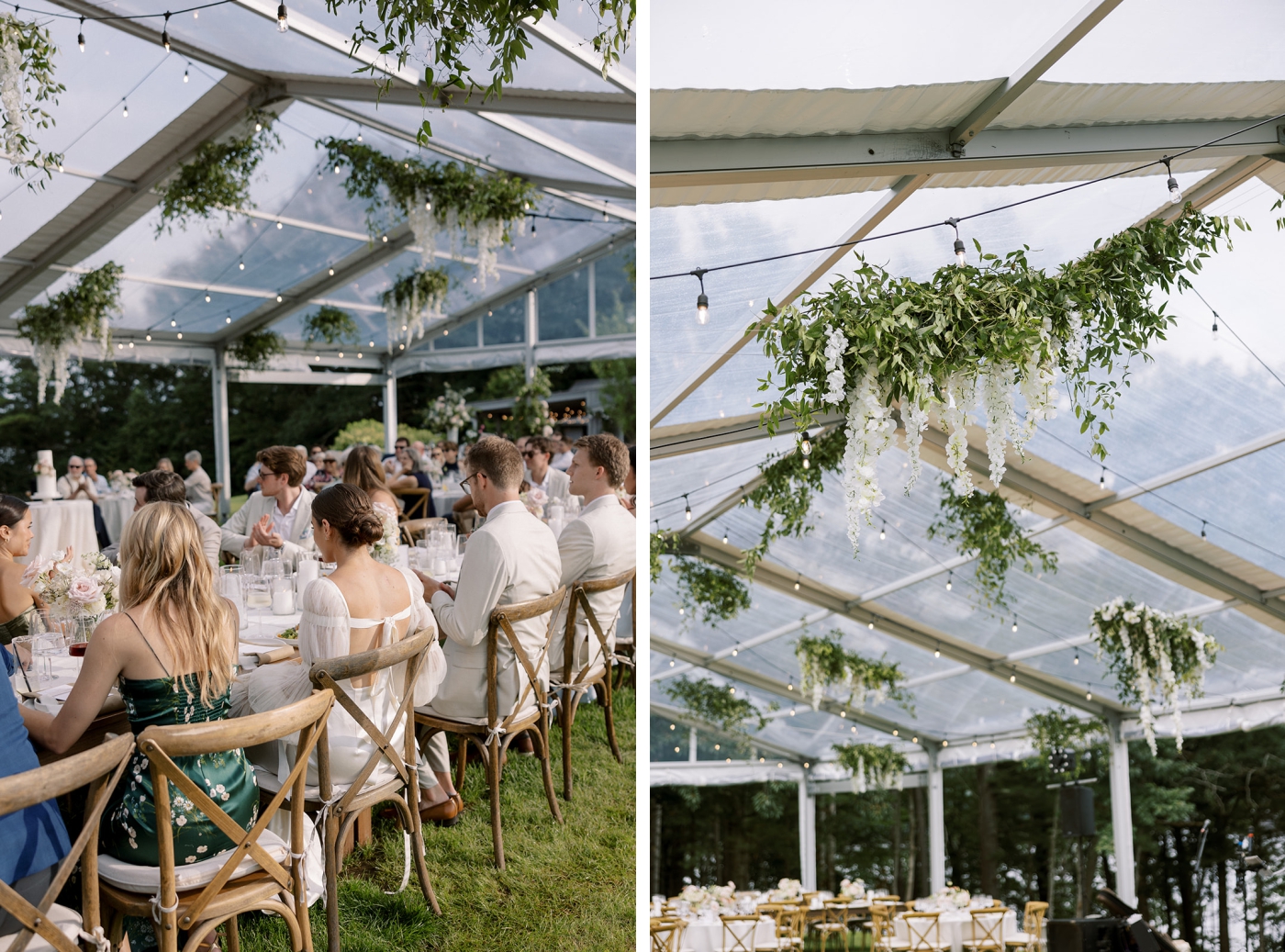 A clear-top tent with greenery draped across the top