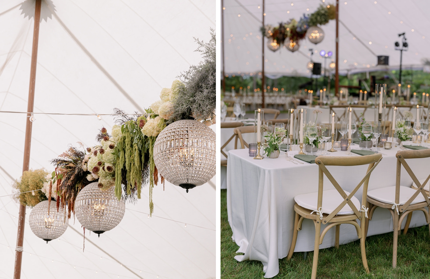 A sailcloth tent with round glass lanterns strung between the poles