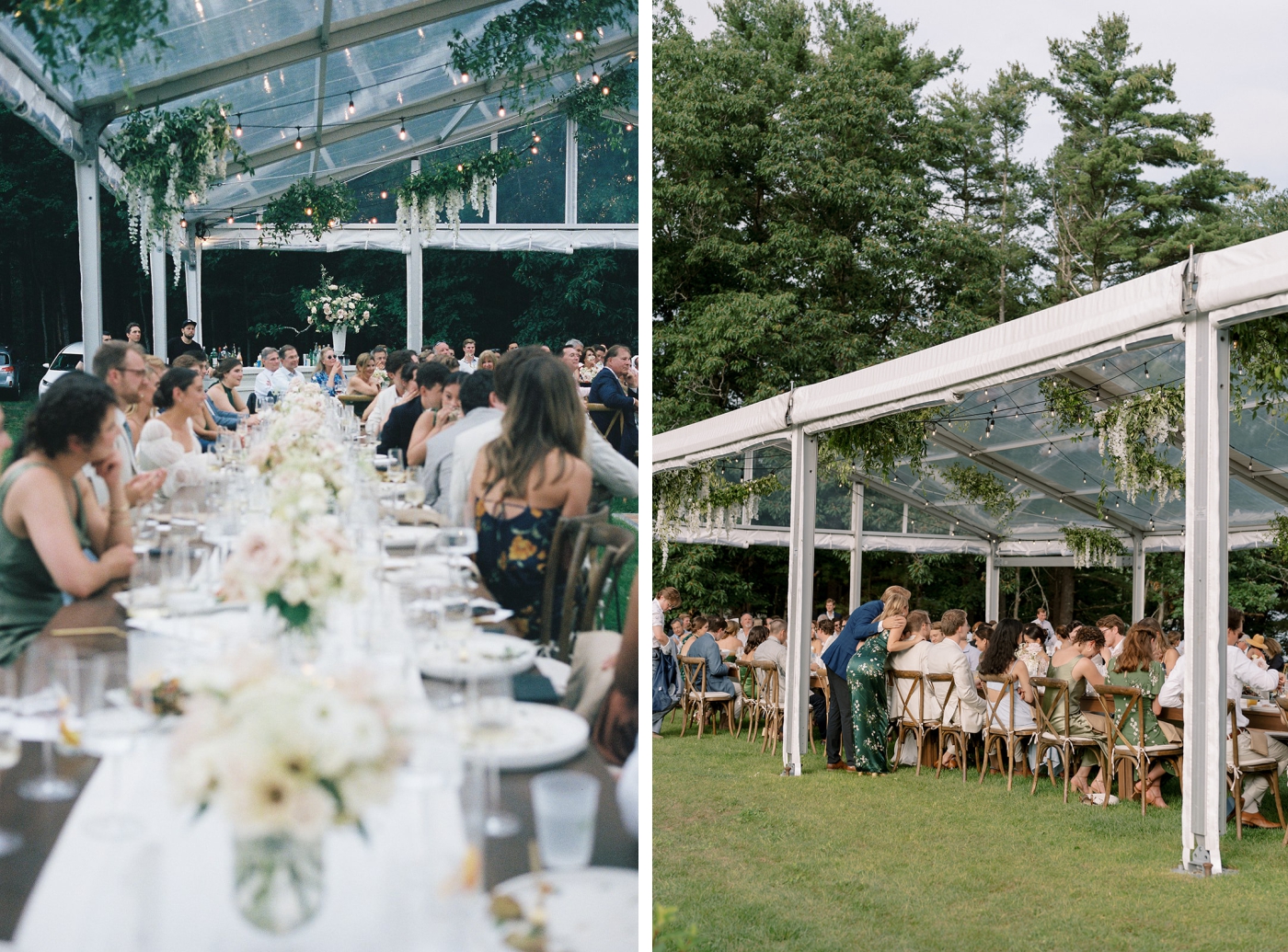 A clear-top tented wedding reception full of wedding guests at long tables