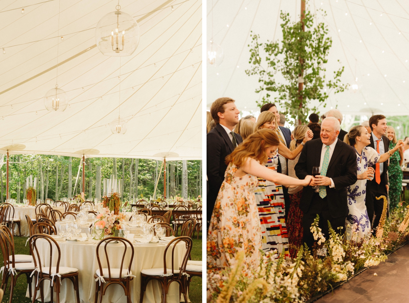 Guests at a tented wedding reception dancing alongside a floral installation