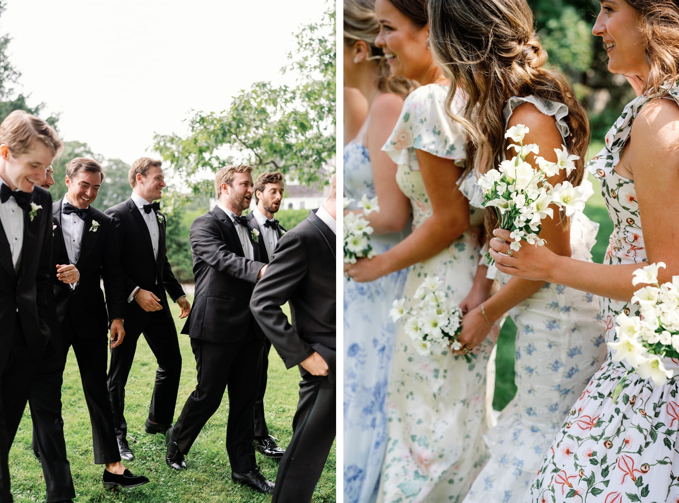 Bridesmaids in mis-matched dresses at a summer wedding in Maine