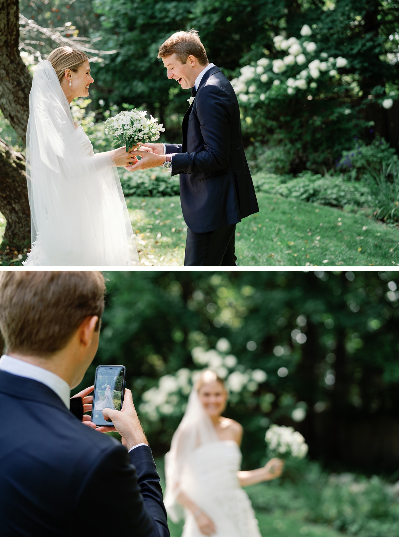 A first look between a bride and groom at a wedding at Asticou Inn