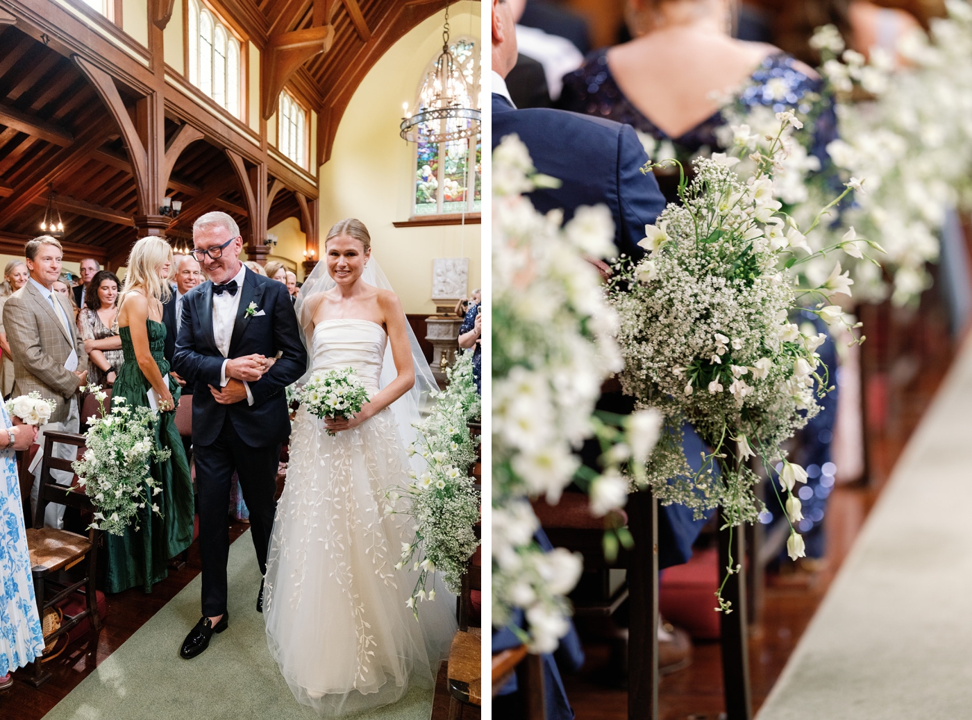 A bride walking down the aisle in a church wedding ceremony in Maine