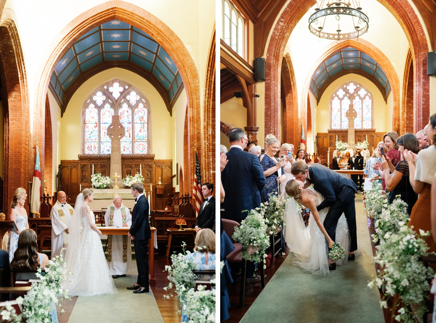 A bride and groom exchange vows during a church wedding ceremony