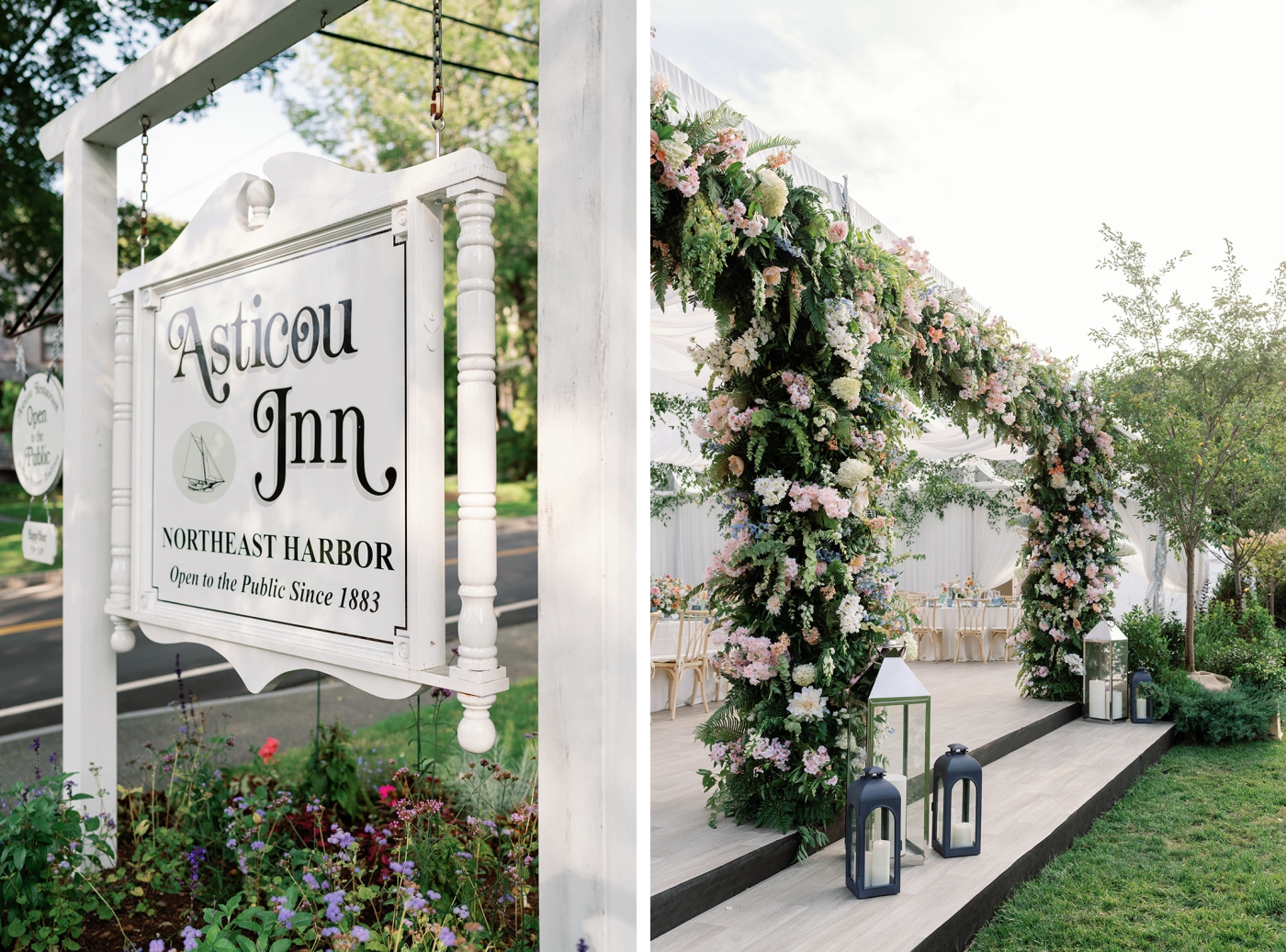 A large floral archway in the entry of a clear-top tented at Asticou Inn