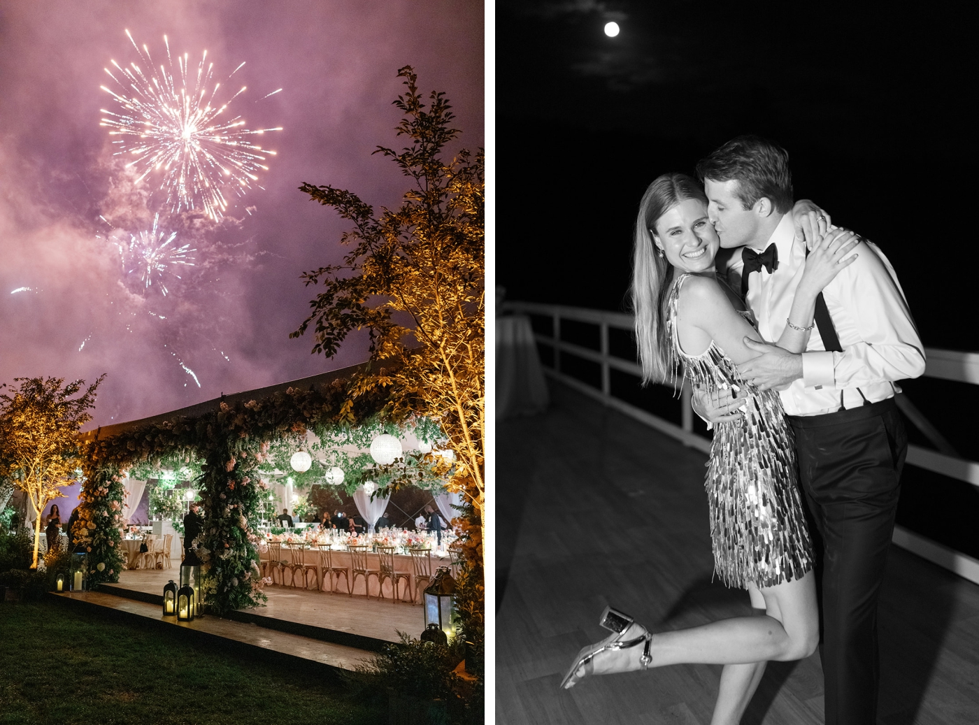 Fireworks lighting the sky over a wedding ceremony at Asticou Inn