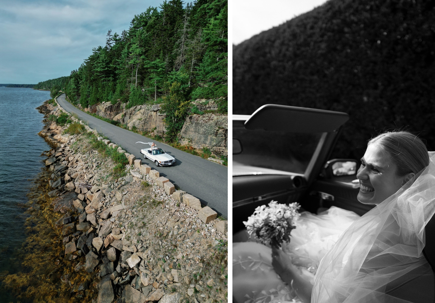 A bride and groom driving around the Acadian cliffs in Maine