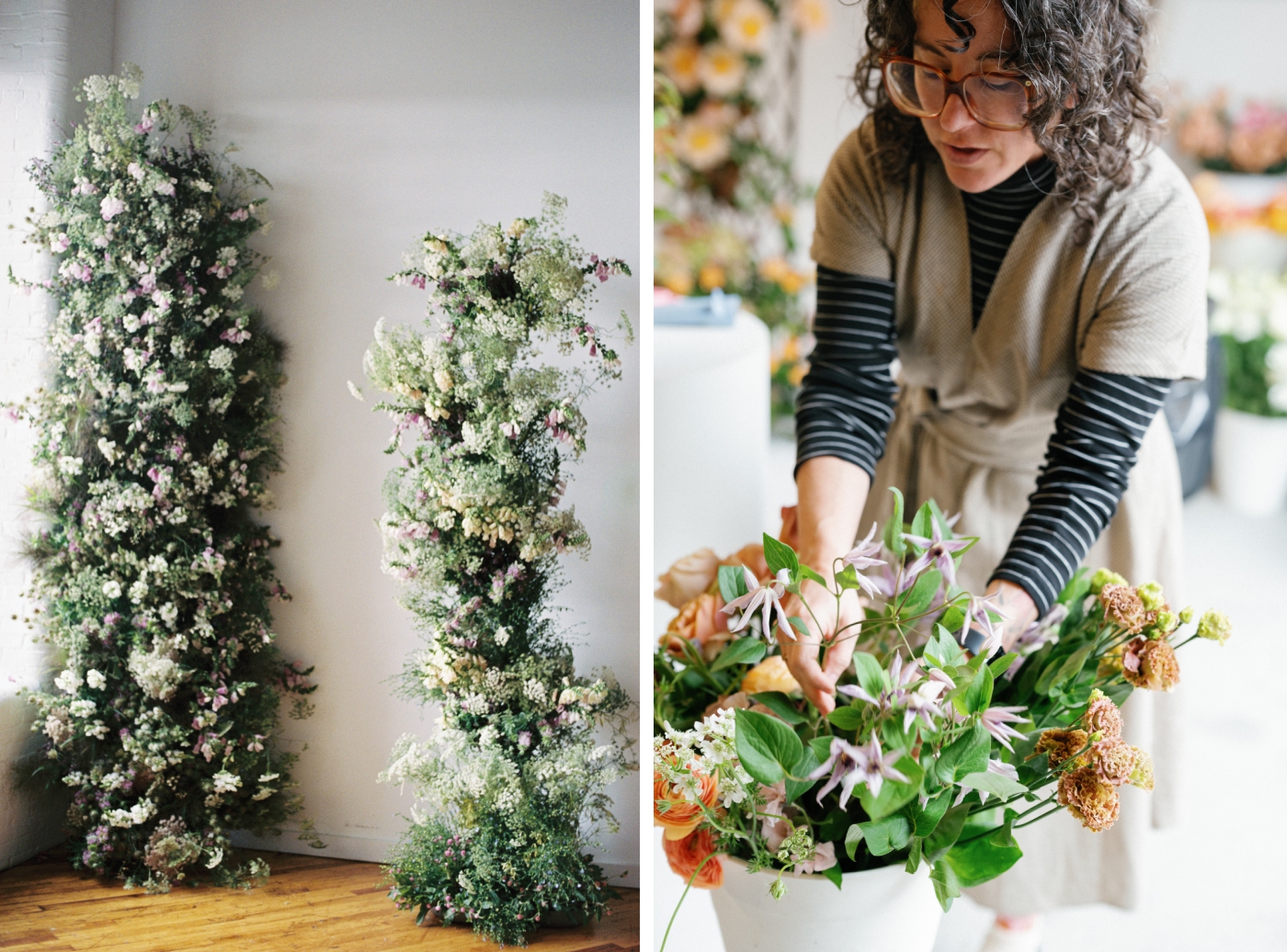 Two free-standing floral columns made without floral foam 