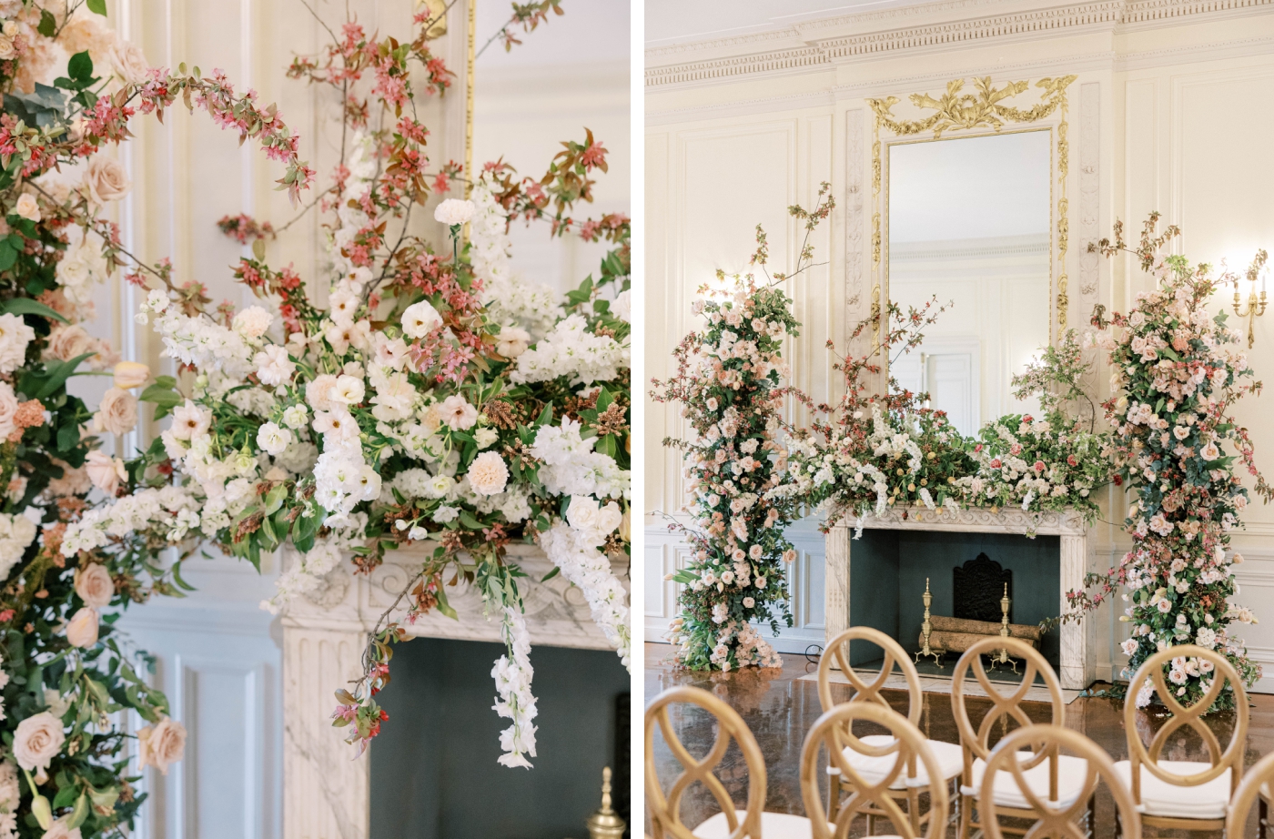 Romantic, sustainable wedding flowers around a fireplace