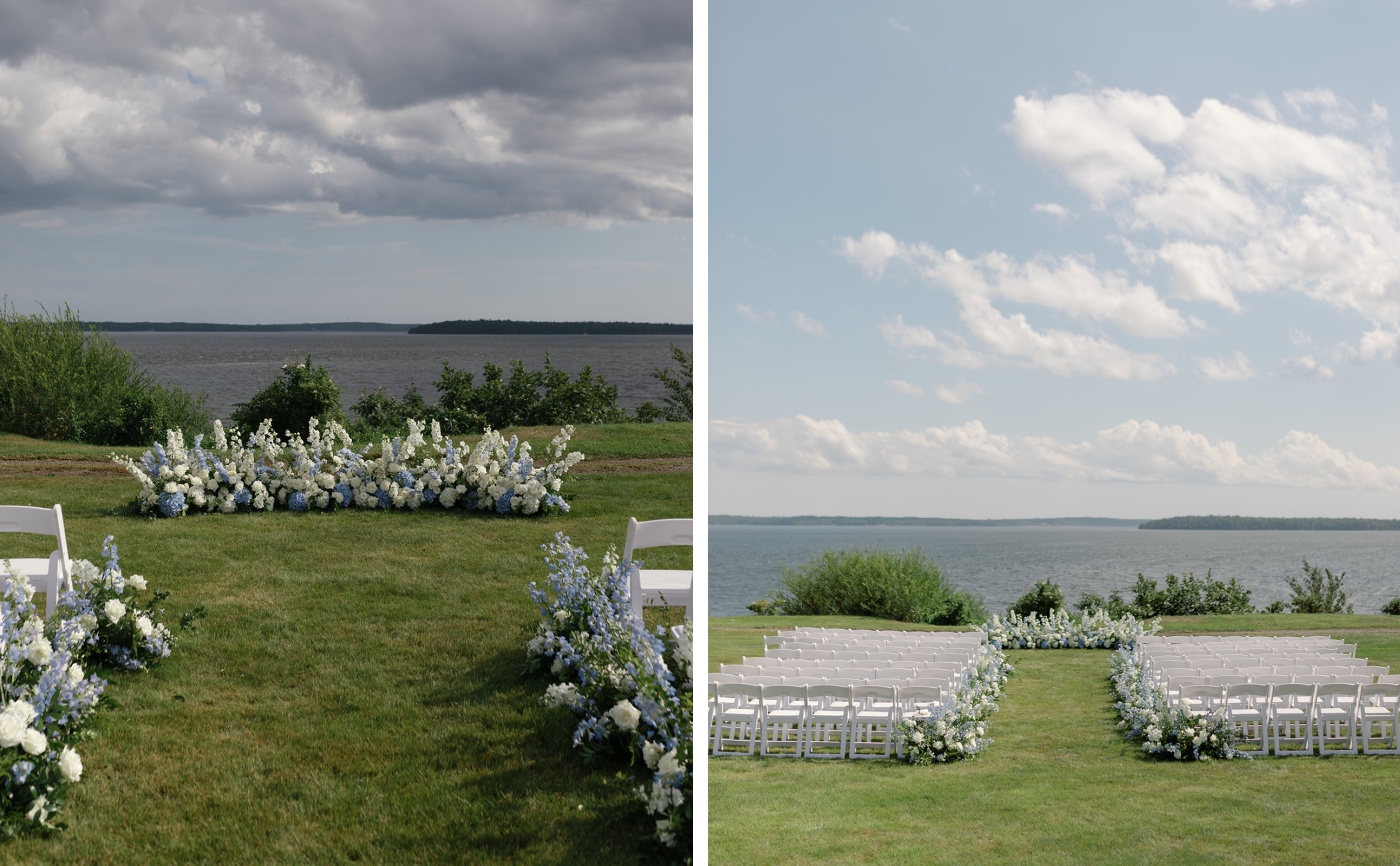 An outdoor wedding ceremony at French's Point decorated with hydrangeas