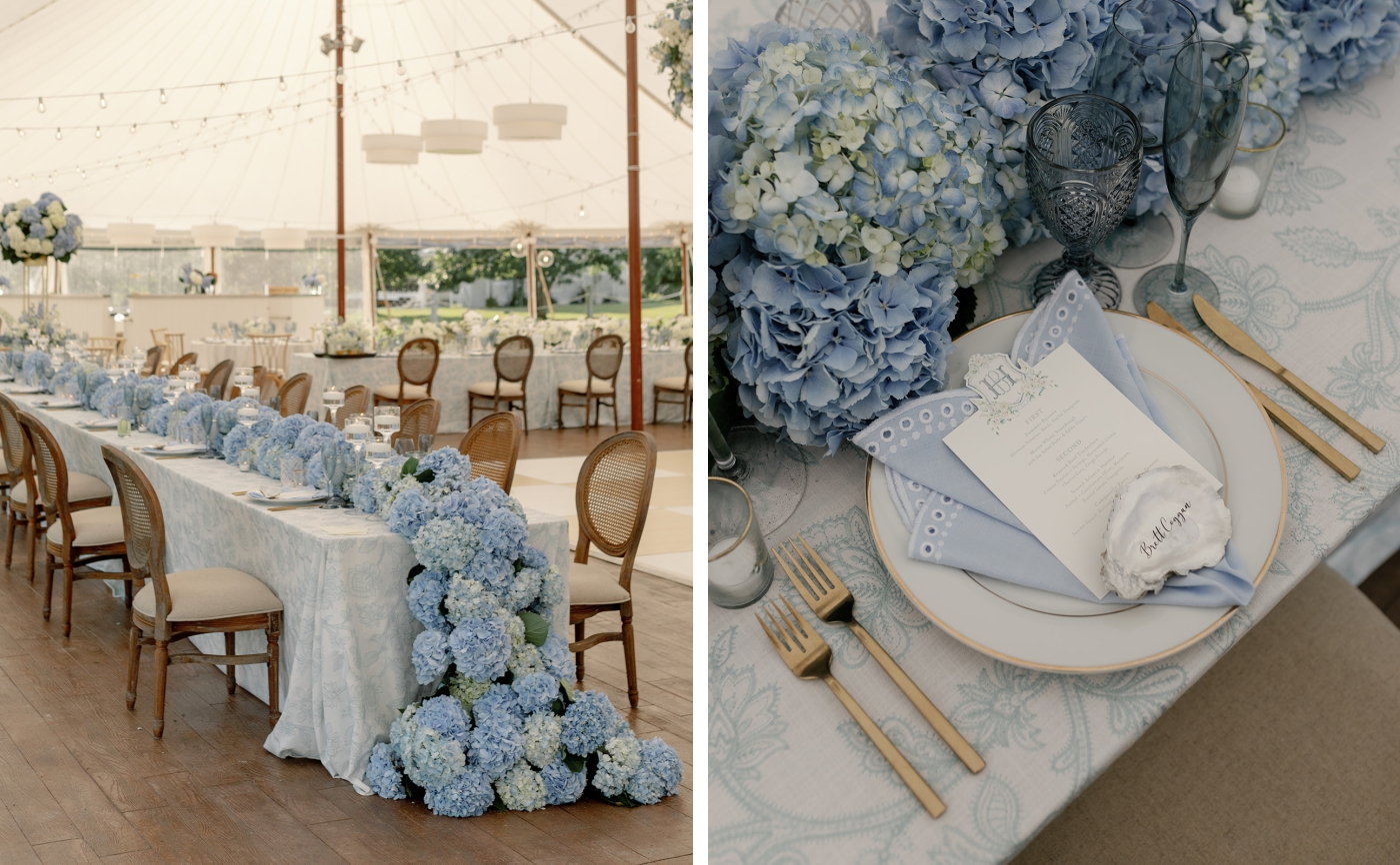 A long, family-style wedding reception table covered in blue and white hydrangeas