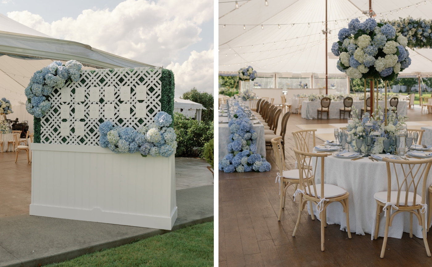 A seating chart decorated with blue and white hydrangea's by Abby Garden