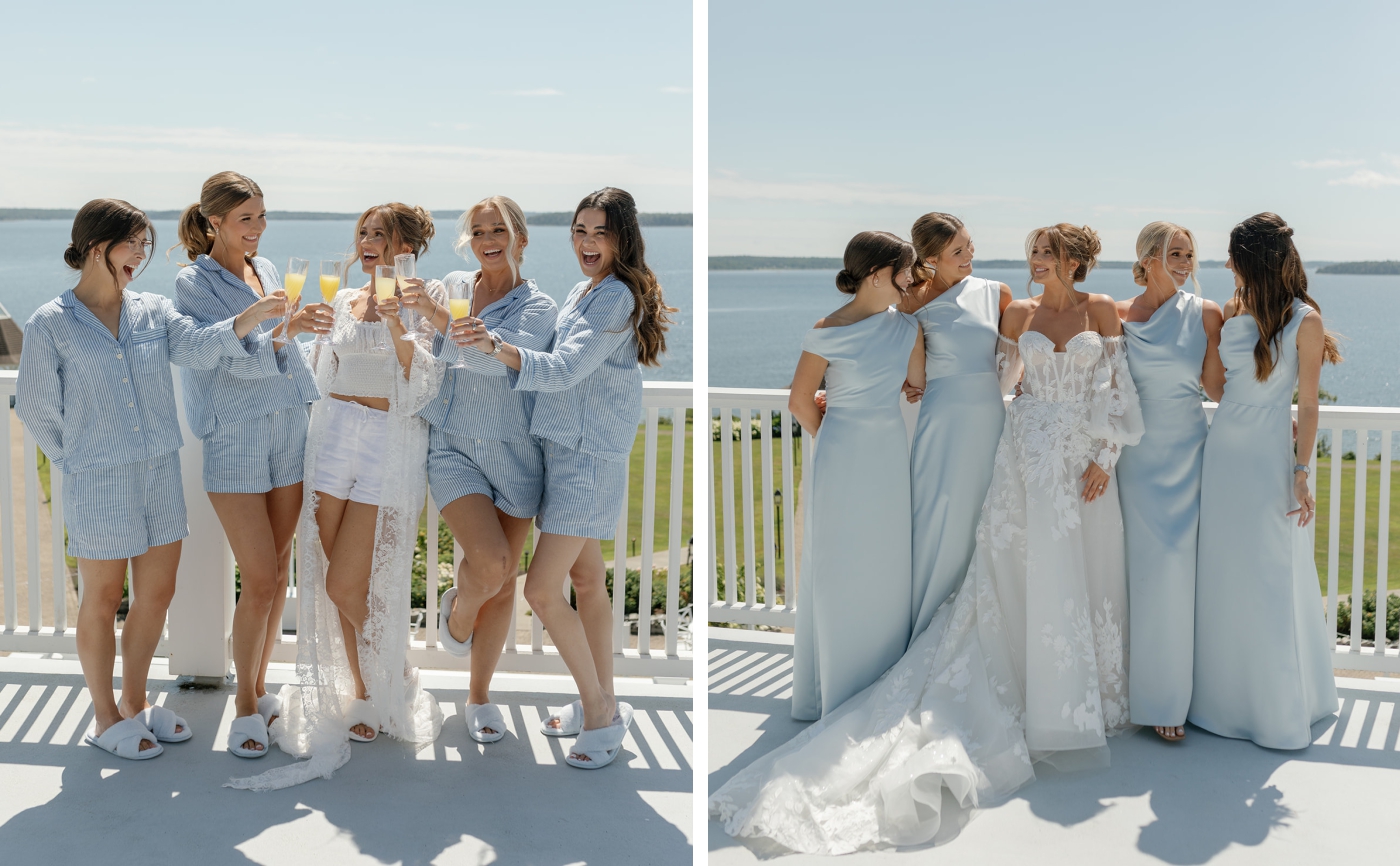 A bride and her bridesmaids before and after changing into their wedding attire
