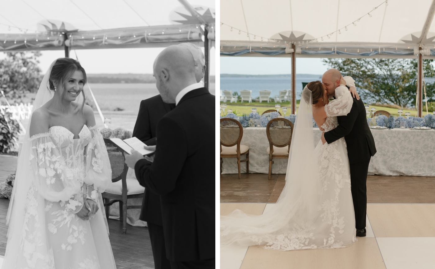 A bride and groom getting married beneath a sailcloth tent at French's Point in Maine