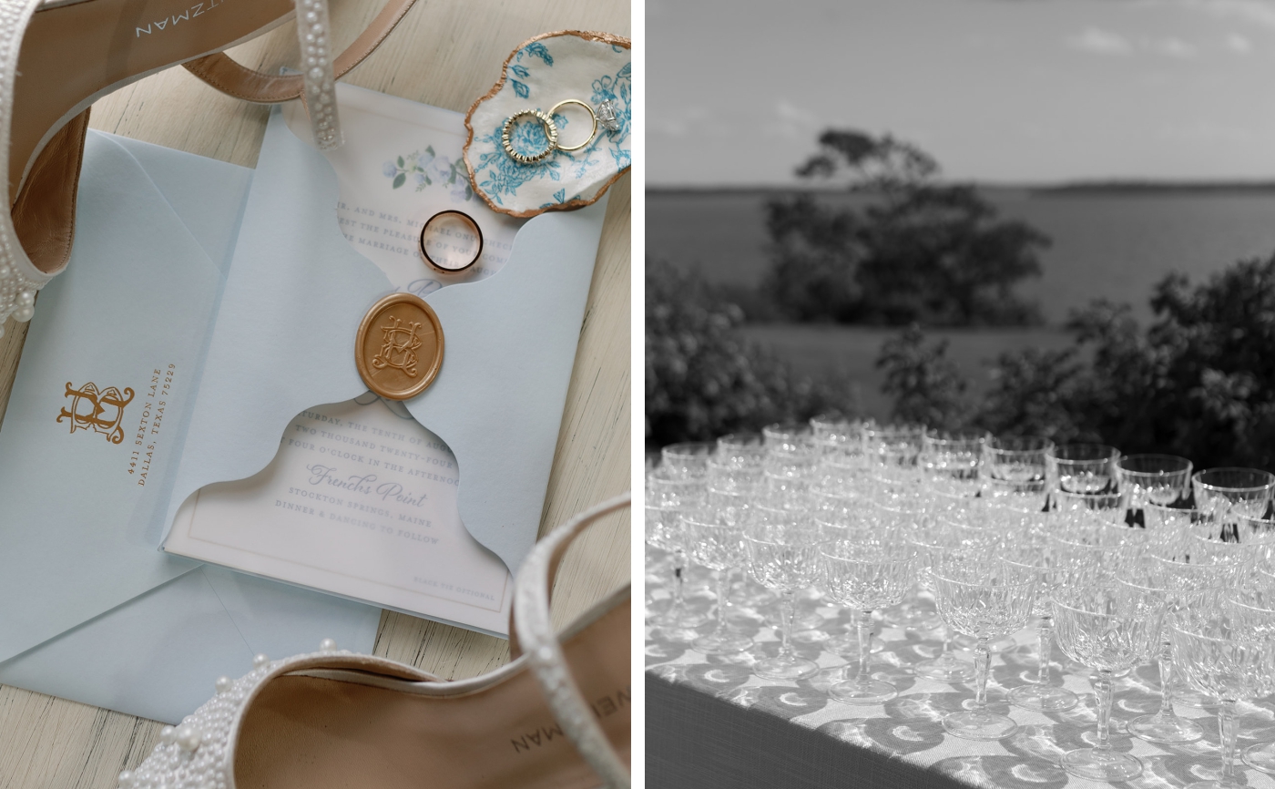 A flat lay of a baby blue wedding invitation sealed with a gold wax seal