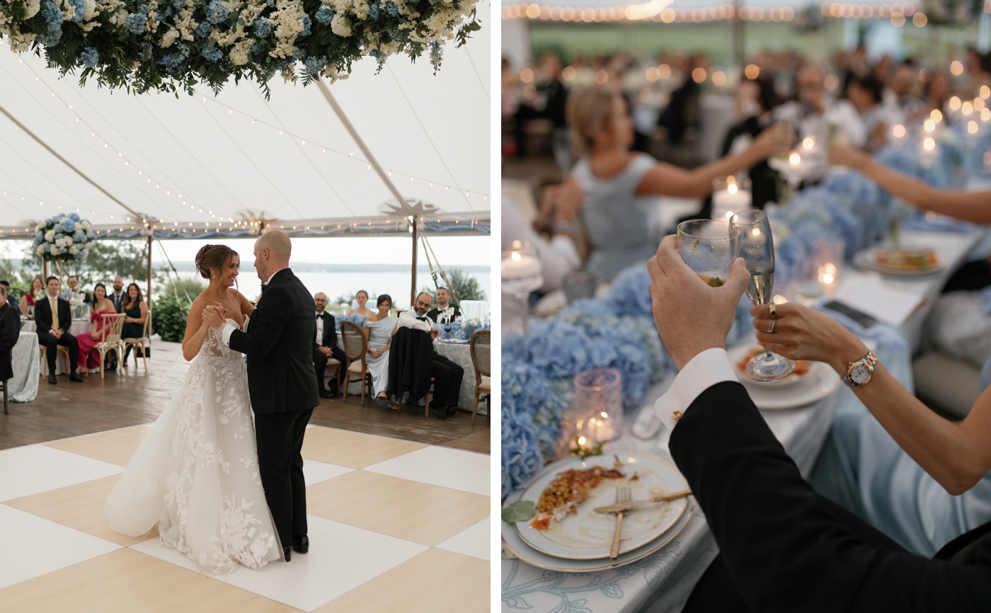 A bride and groom toast with champagne