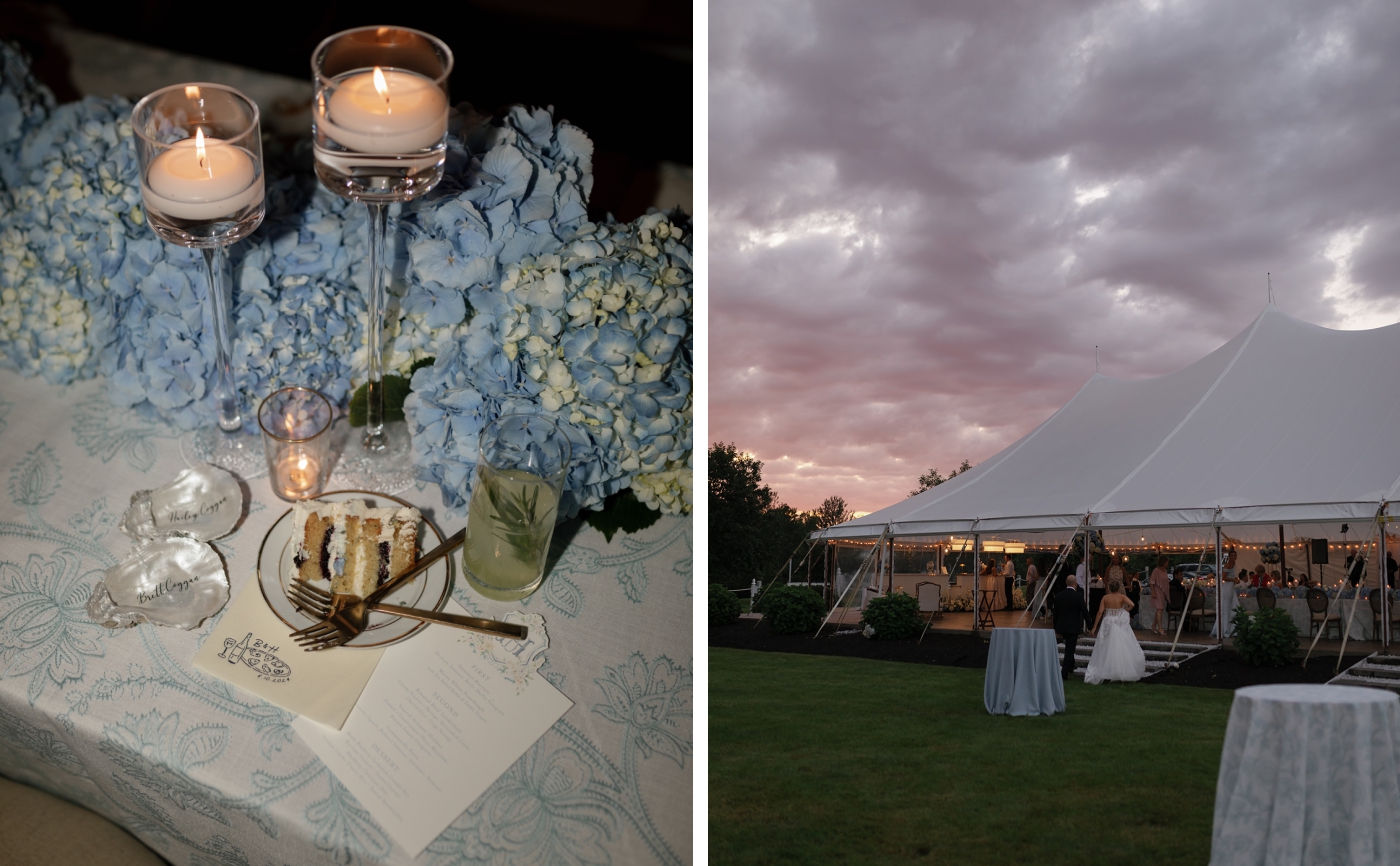 The sunset over a tented wedding reception at French's Point