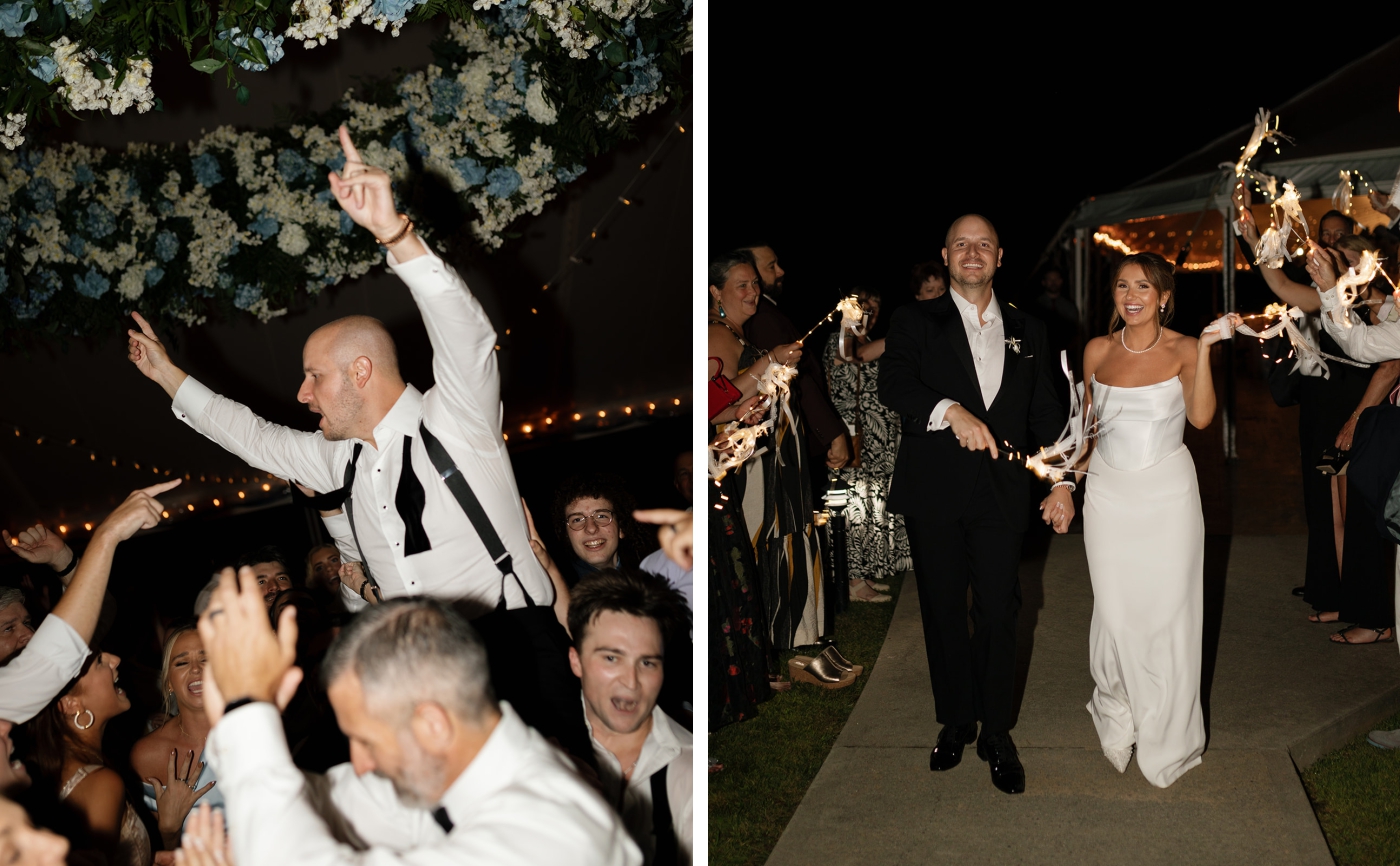 A bride and groom exit their wedding reception surrounded by guests holding sparklers