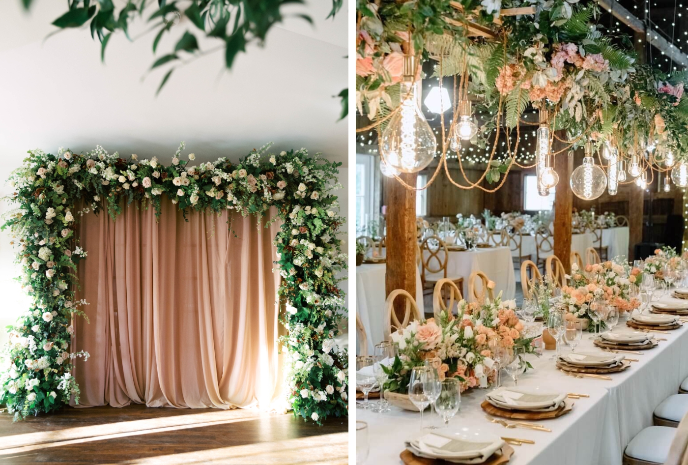 An arbor-style floral installation as a wedding ceremony backdrop