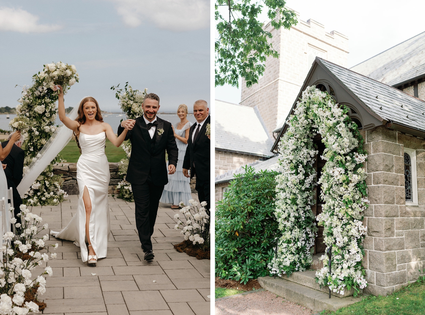An arch made of baby's breath over the entrance of a church
