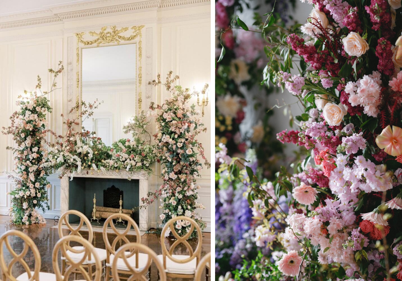 Free-standing floral installations in pink and white on each side of a fireplace