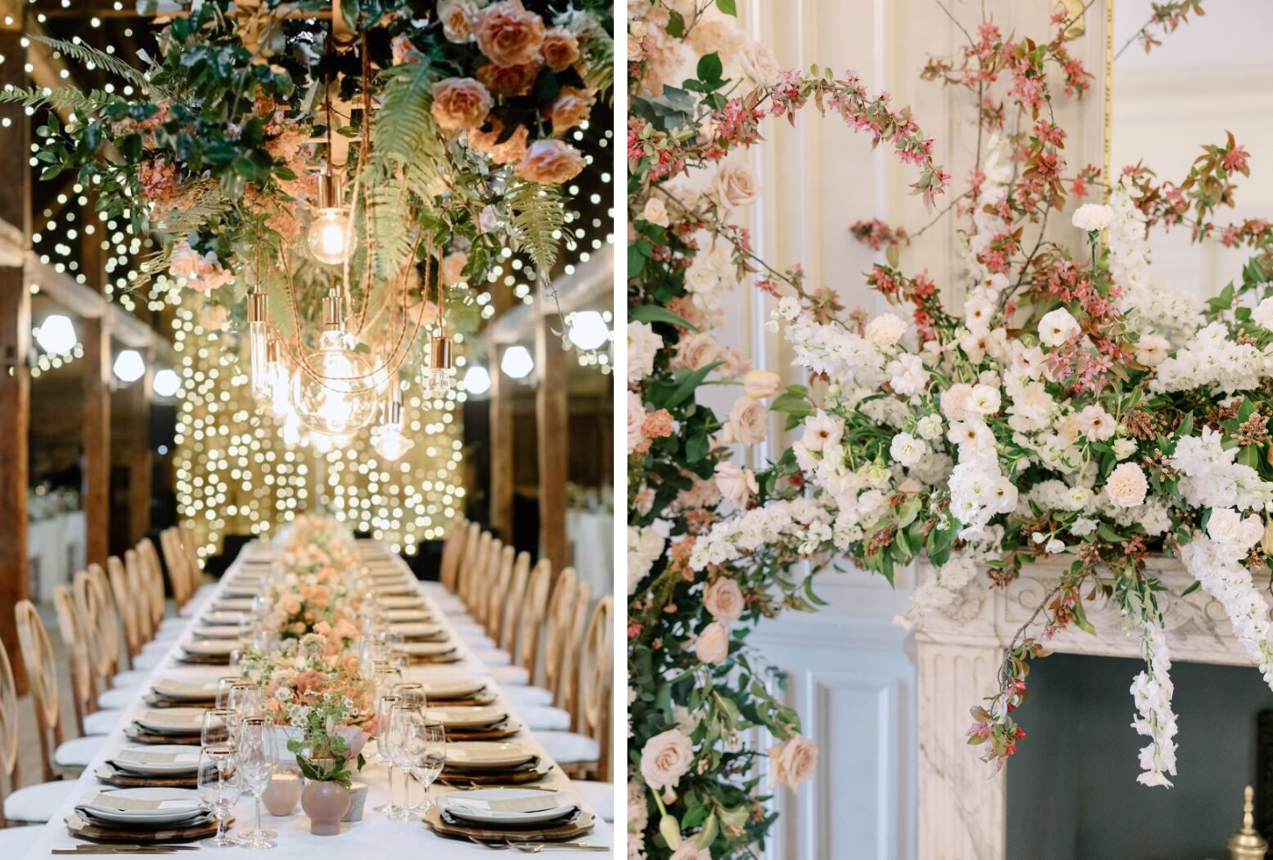 Vines and flowers hang above a long table at a wedding reception