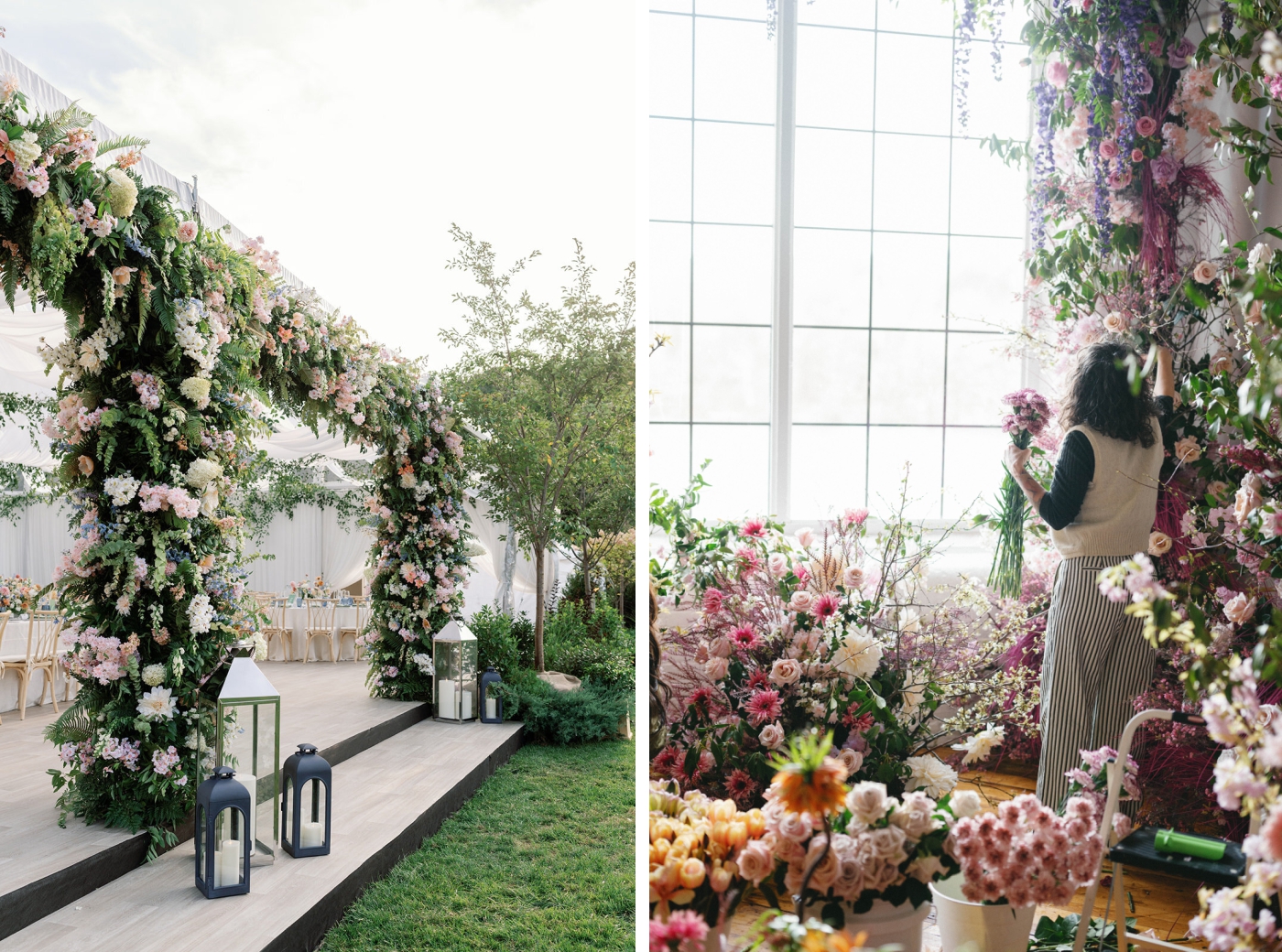 The entrance to a tented wedding reception covered in colorful flowers and greenery