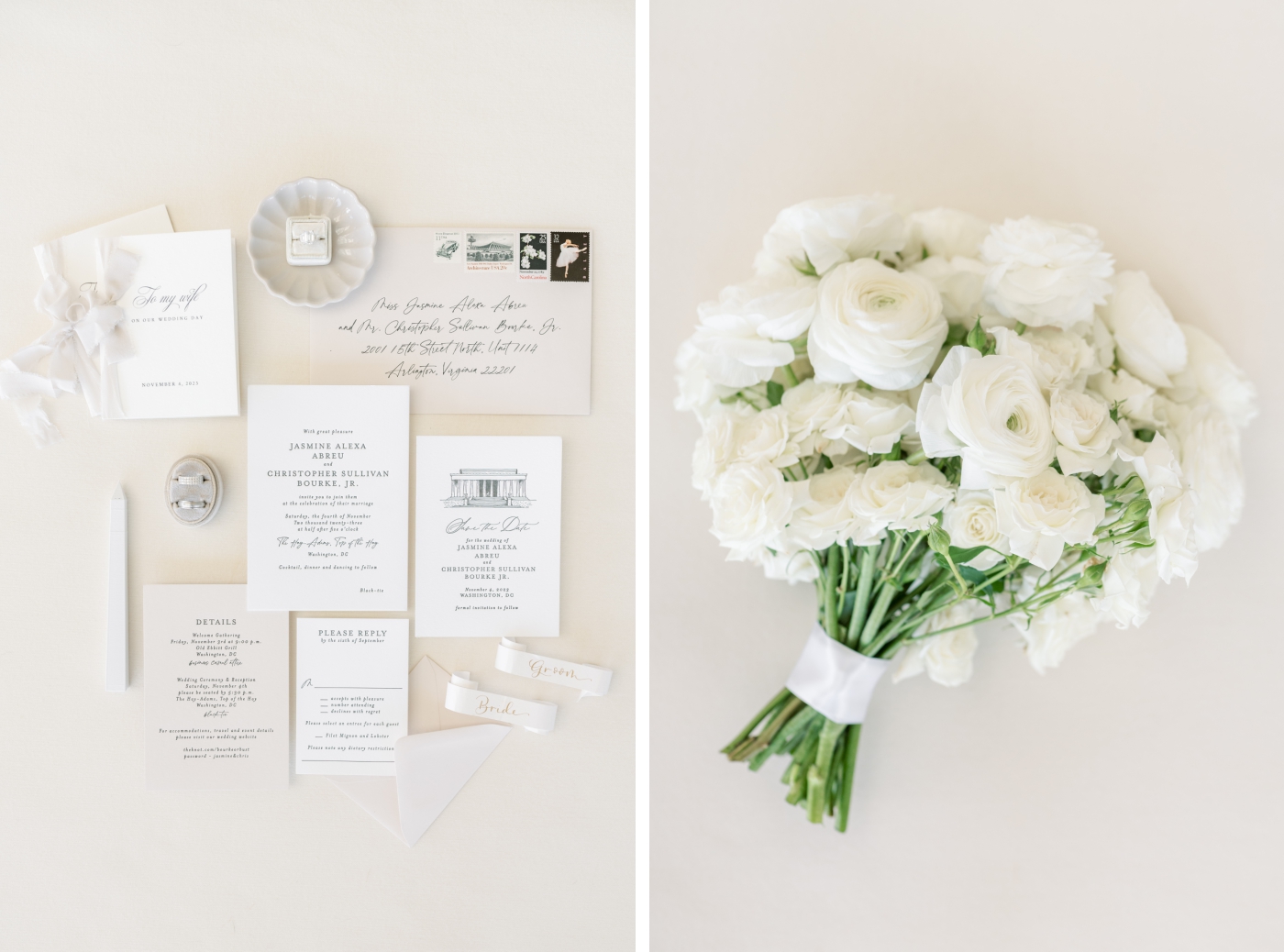 An all-white wedding bouquet made of roses