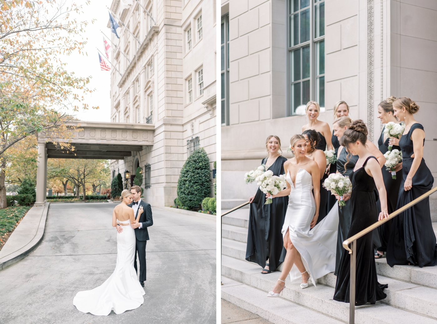 A bride and her bridesmaids in black silk dresses stand in front of the Hay-Adams Hotel
