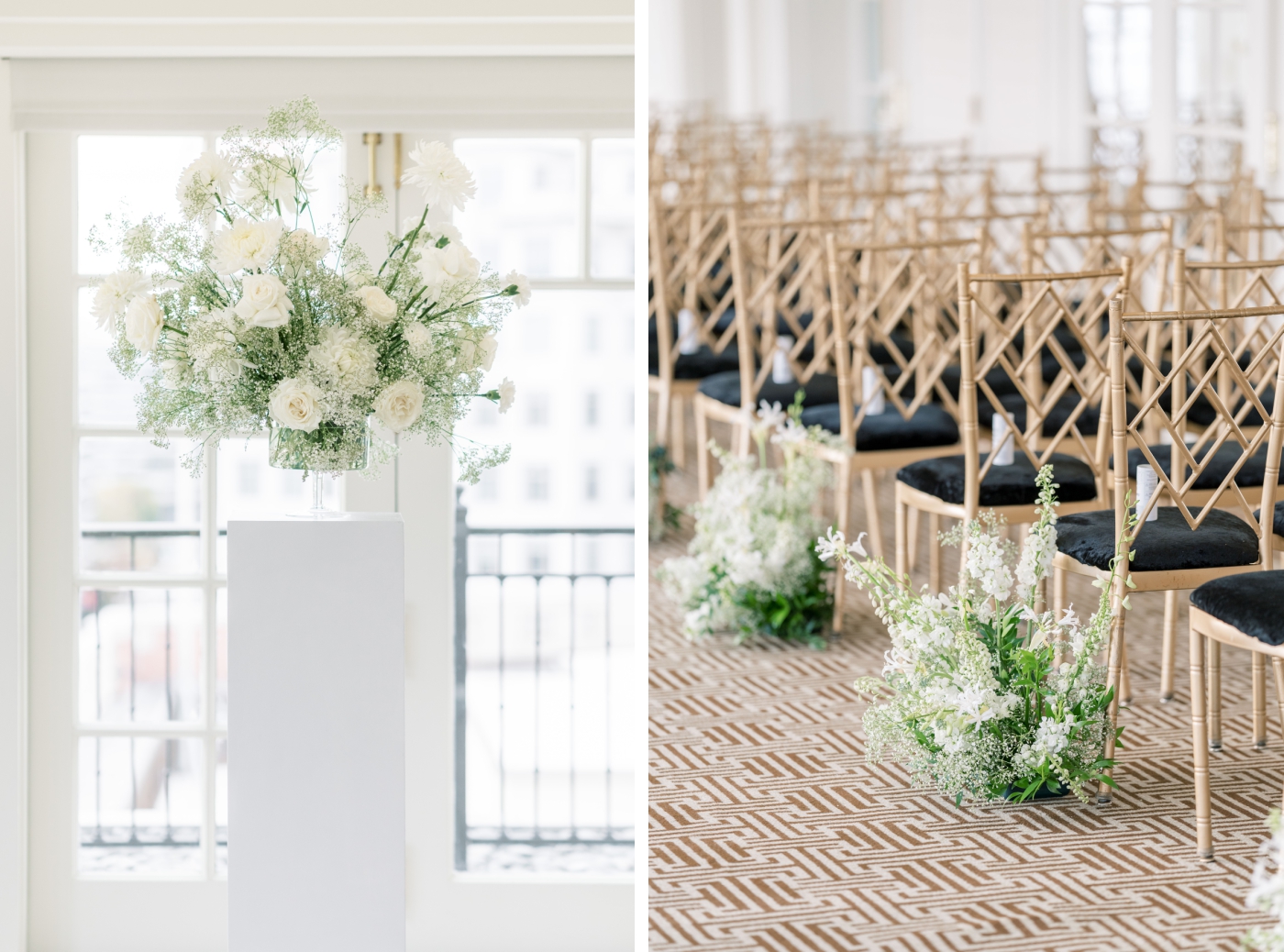 All-white floral arrangements made with roses, gypsophila, lilies, and orchids.