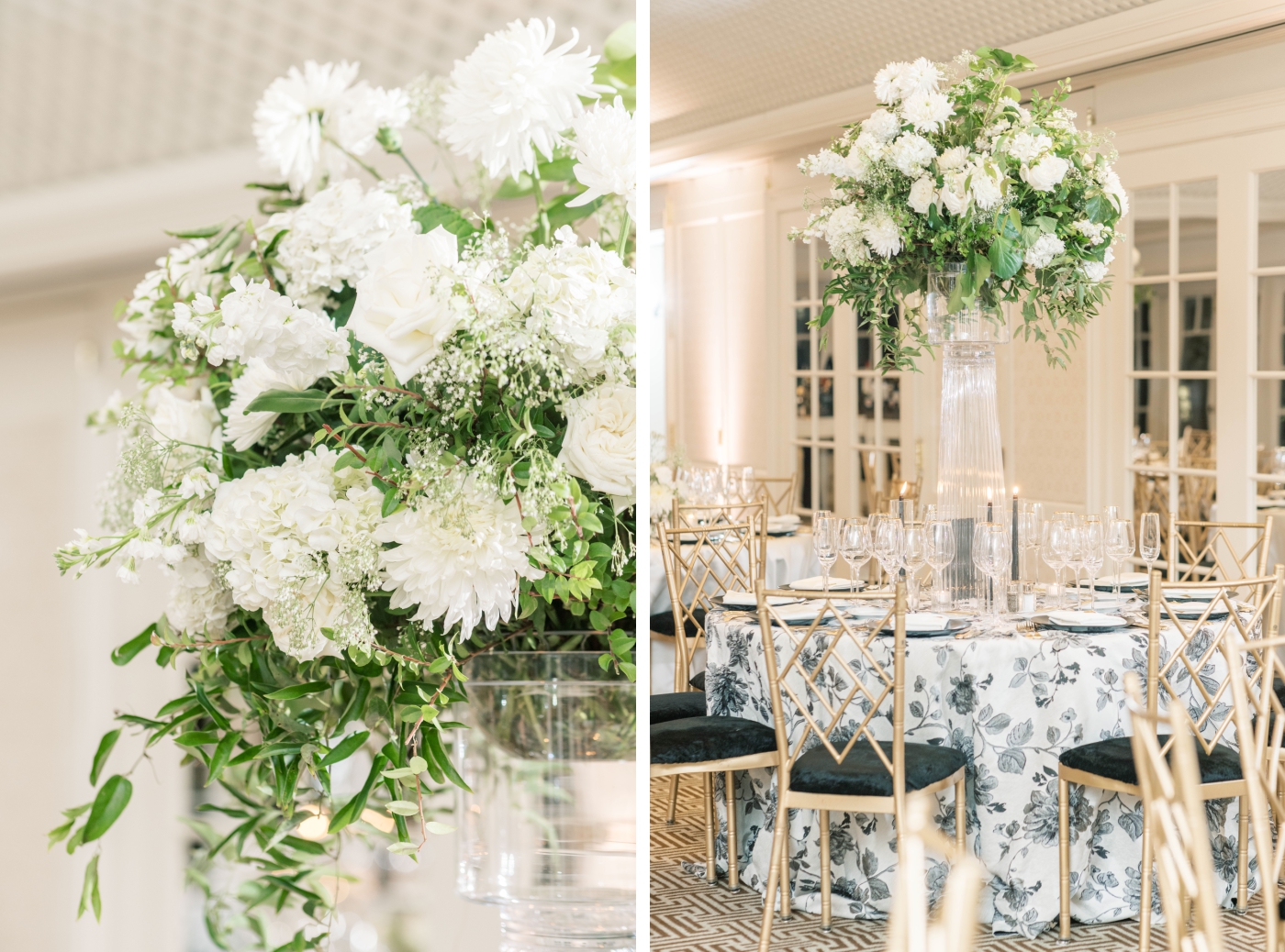 Elevated floral centerpieces in tall, ribbed vases sit atop black-and-white patterned tablecloths