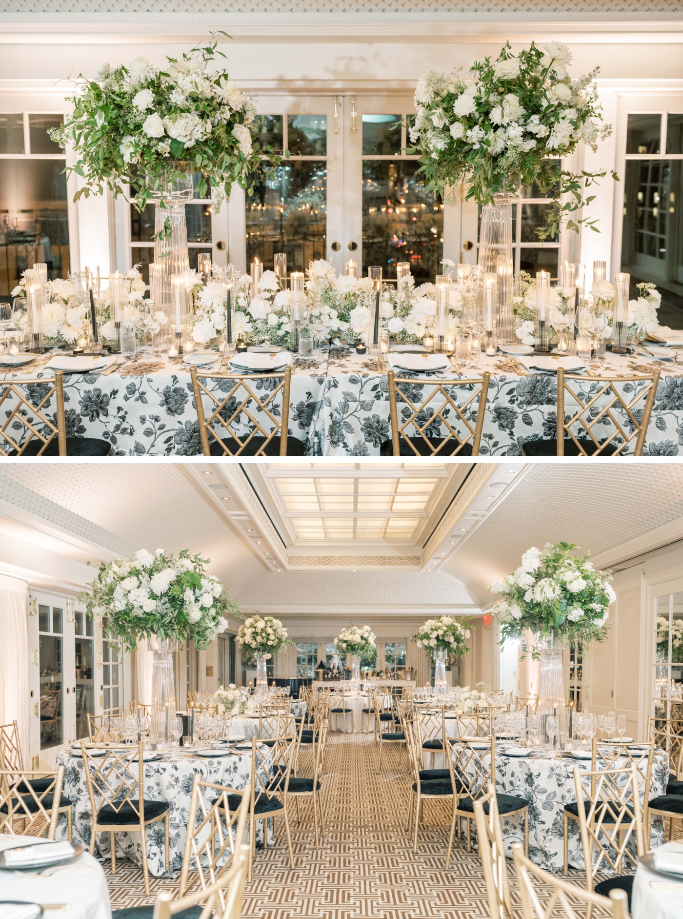 A black and white themed wedding reception with elevated floral centerpieces at the Hay-Adams Hotel in Washington, D.C. 