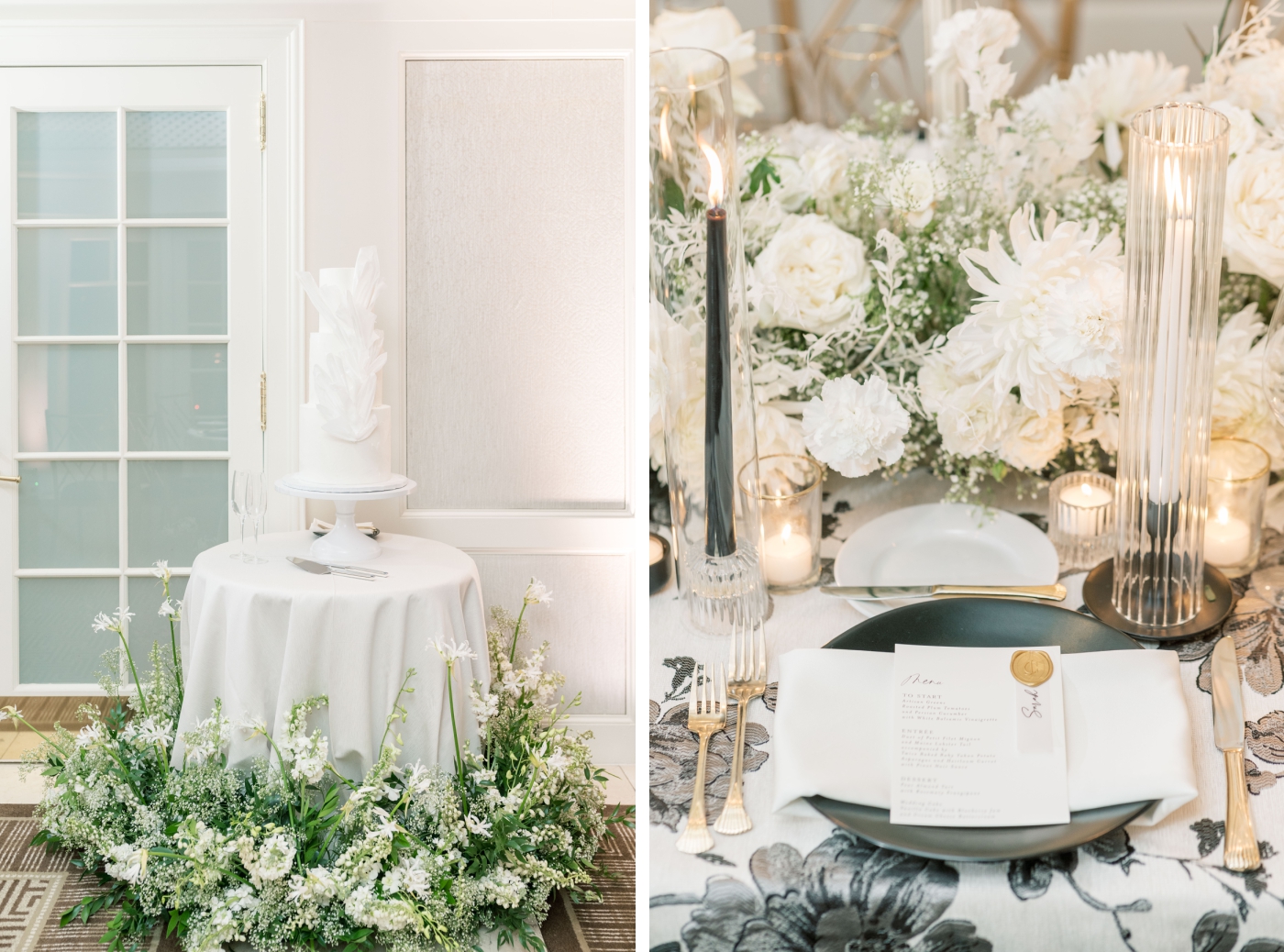 A three-tiered cake sitting on a small round table surrounded by white flowers and greenery