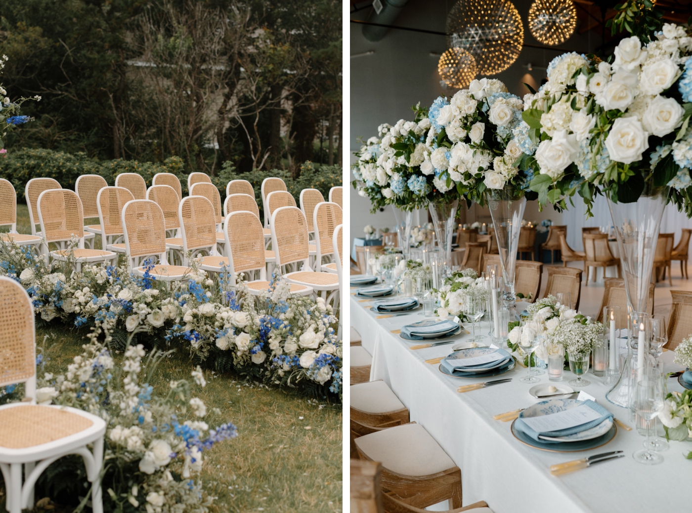 Blue hydrangeas and white roses in elevated vases on a long table at a wedding reception