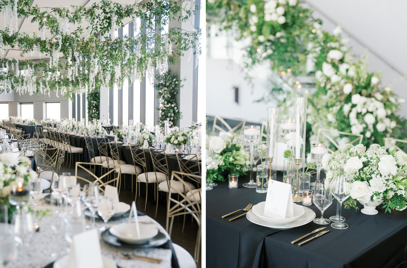 Hanging greenery and white wedding flowers at a luxury wedding in Boston