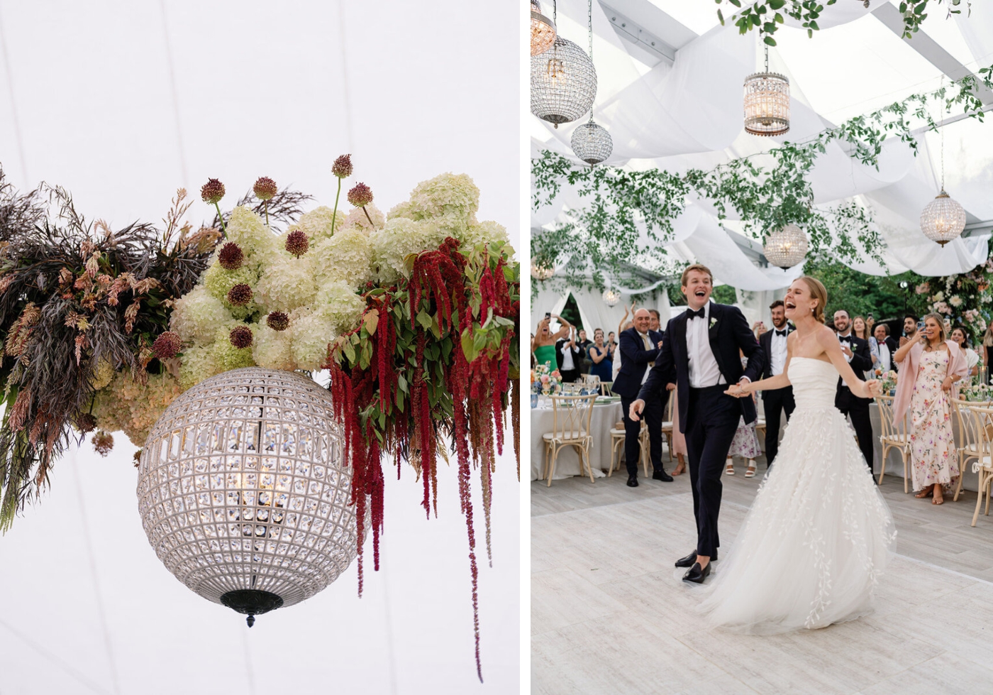 A bride and groom share a first dance beneath hanging wedding flowers