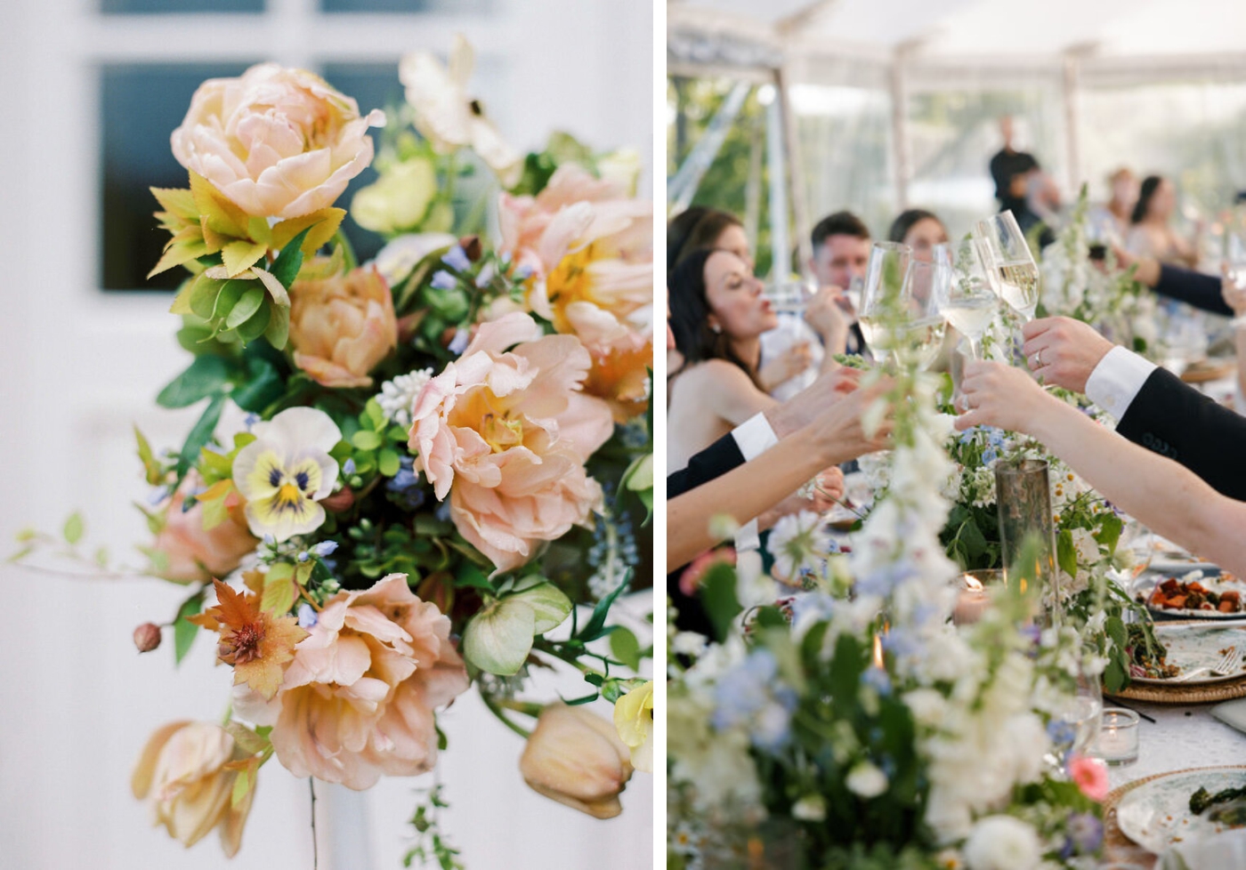 Guests toast during speeches at a tented wedding reception