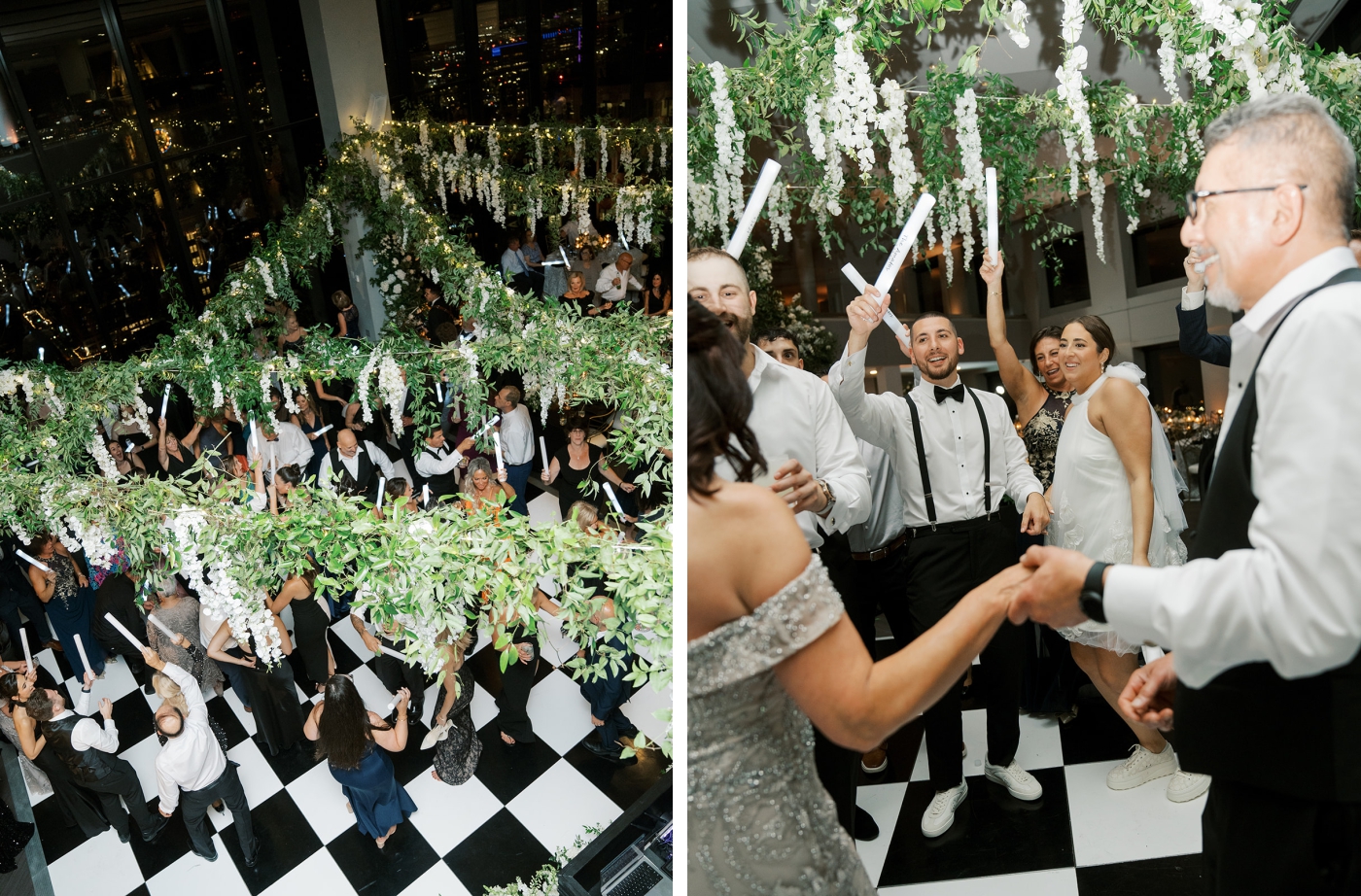 Wedding guests on a black and white dance floor pictured from above